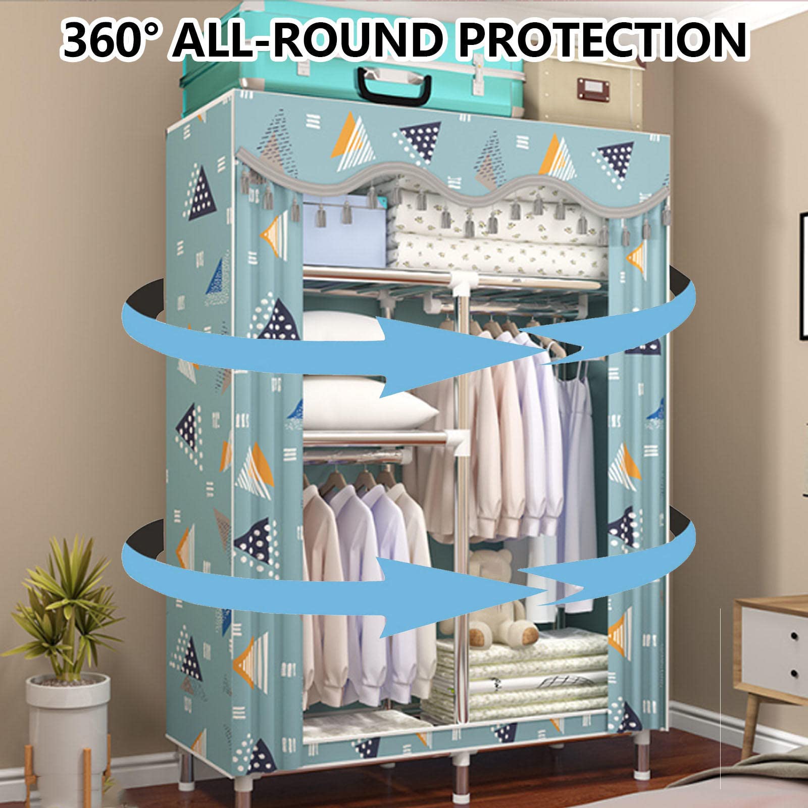 Kleiderschrank Tragbarer Kleiderschrank aus Segeltuch, Stoff-Kleiderschrank-Aufbewahrungsorganisator mit Kleiderstange, faltbarer Schrank für Schlafzimmer,Grün-90x46x170cm
