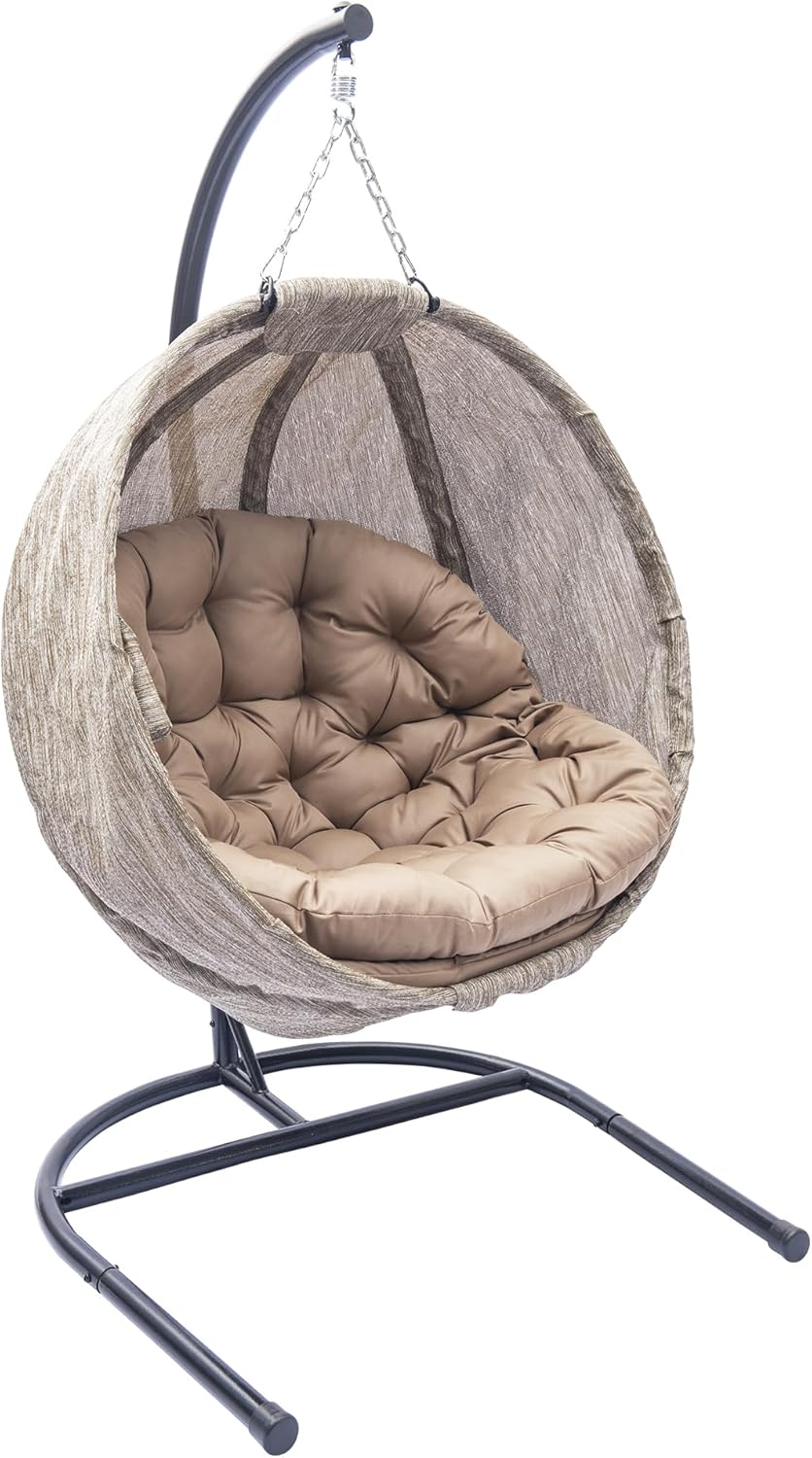 Hanging Egg Chair with Stand and Plush Cushions,Weather-Resistant Fabric, Indoor Outdoor Foldable Swing Chair for Patio, Balcony, Yard & Living Room (Small Leaf Jacquard Khaki)