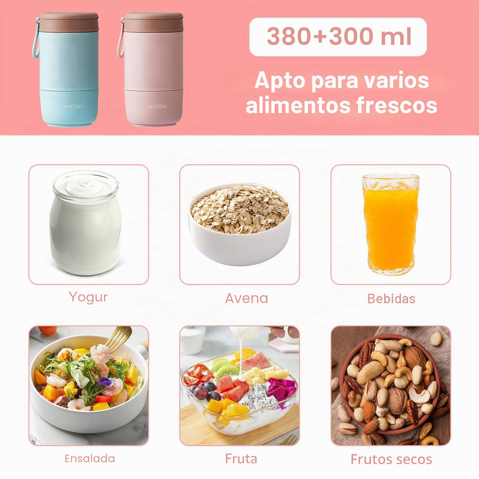 2 vasos de cereales para llevar con tapa, material de polipropileno, vasos de yogur para llevar con cuchara, 780 ml, vaso de cereales para llevar, doble capa, a prueba de fugas, perfecto para el