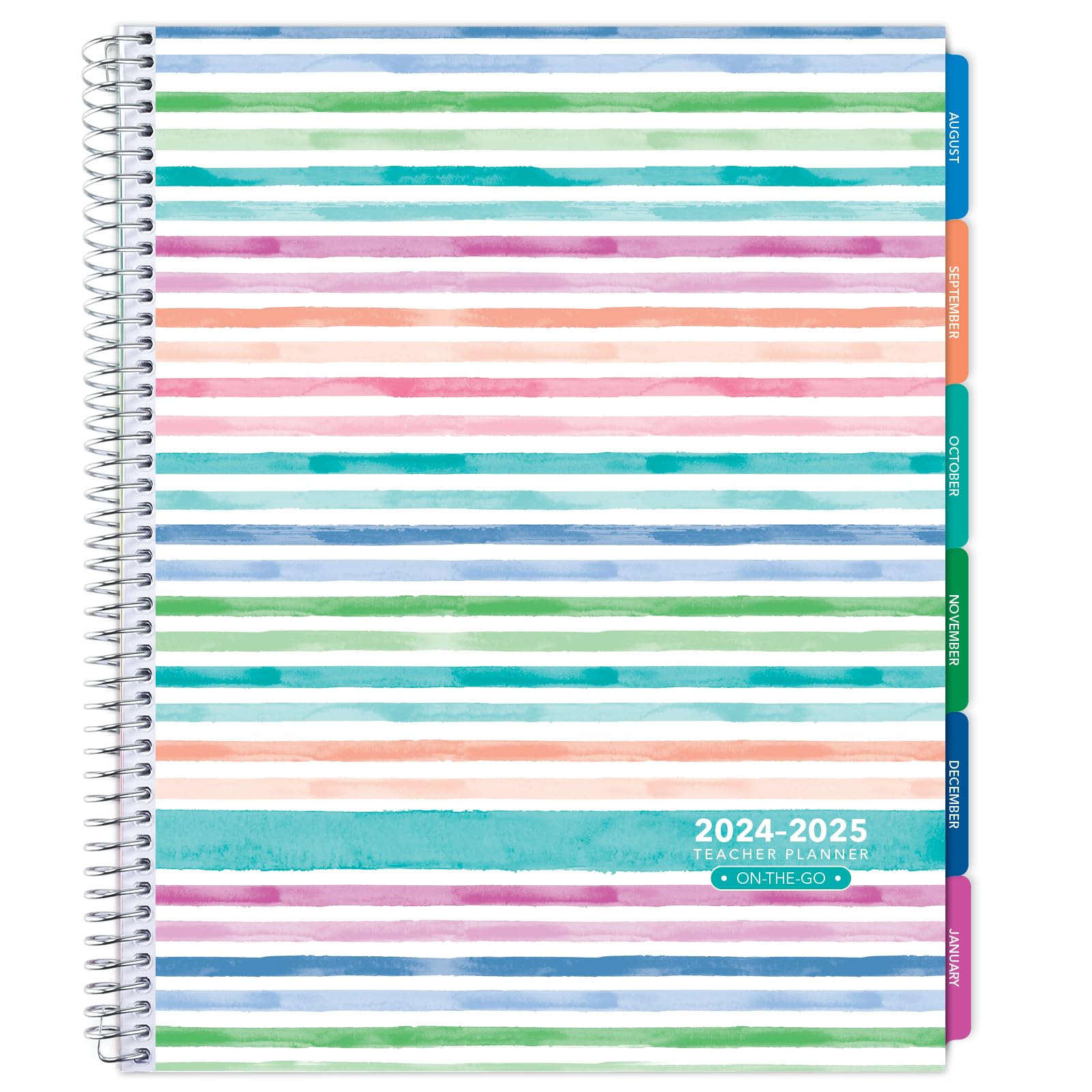 Aug 2024-Jul 2025 Lite Teacher Lesson Planner Notebook 8.5x11 Daily Weekly Monthly Organizers - Includes 7 Periods, Dated Calendar, Page Tabs, Bookmark, and Planning Stickers (Watercolor Stripes)
