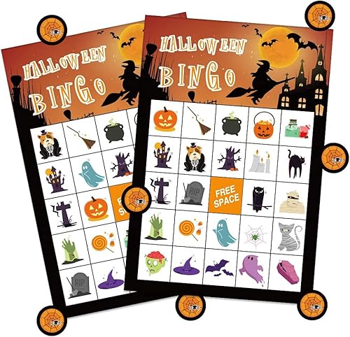 XJF Juego de bingo de Halloween para niños, 26 jugadores, tarjetas de juego de bingo de Halloween para niños, actividades de suministros de fiesta