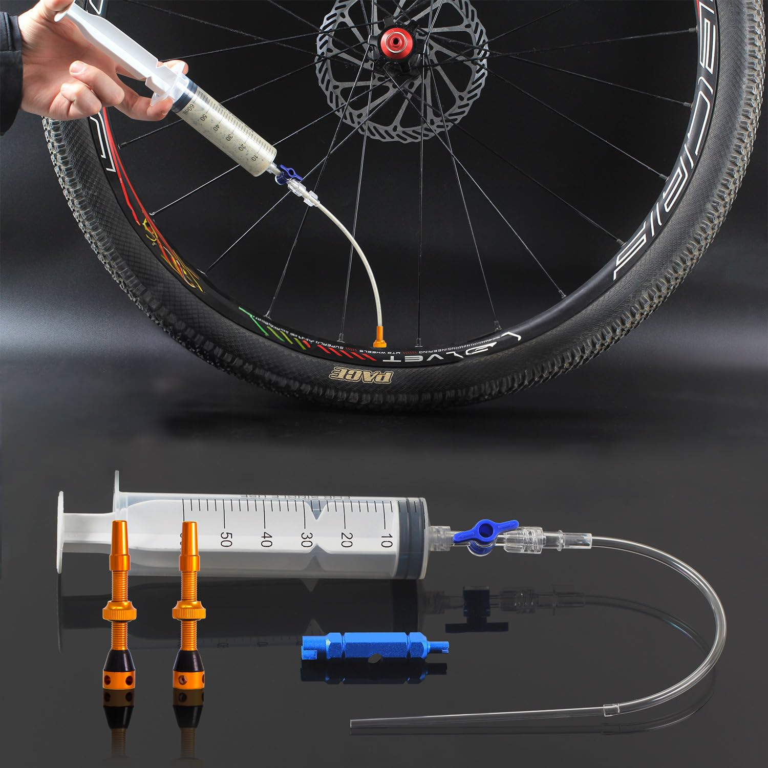 Tubeless Ventile Set, orange | Komplettes Set inkl. Tubeless Spritze | Superleicht Alu, Gold eloxiert, französisches Ventil Presta, 44mm für MTB-Felgen (orange, 44mm)