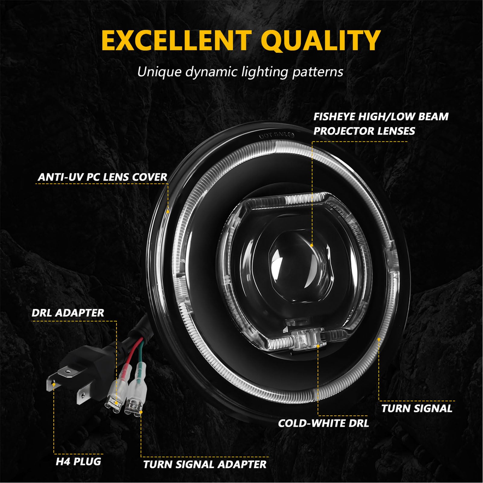 7-calowy Okrągły Reflektor LED, Lampa Motocyklowa z 4 Trybami Oświetlenia, światła Drogowe 6000 Lm, światła Mijania 5000 Lm, Złącze H4 do Samochodów Klasycznych