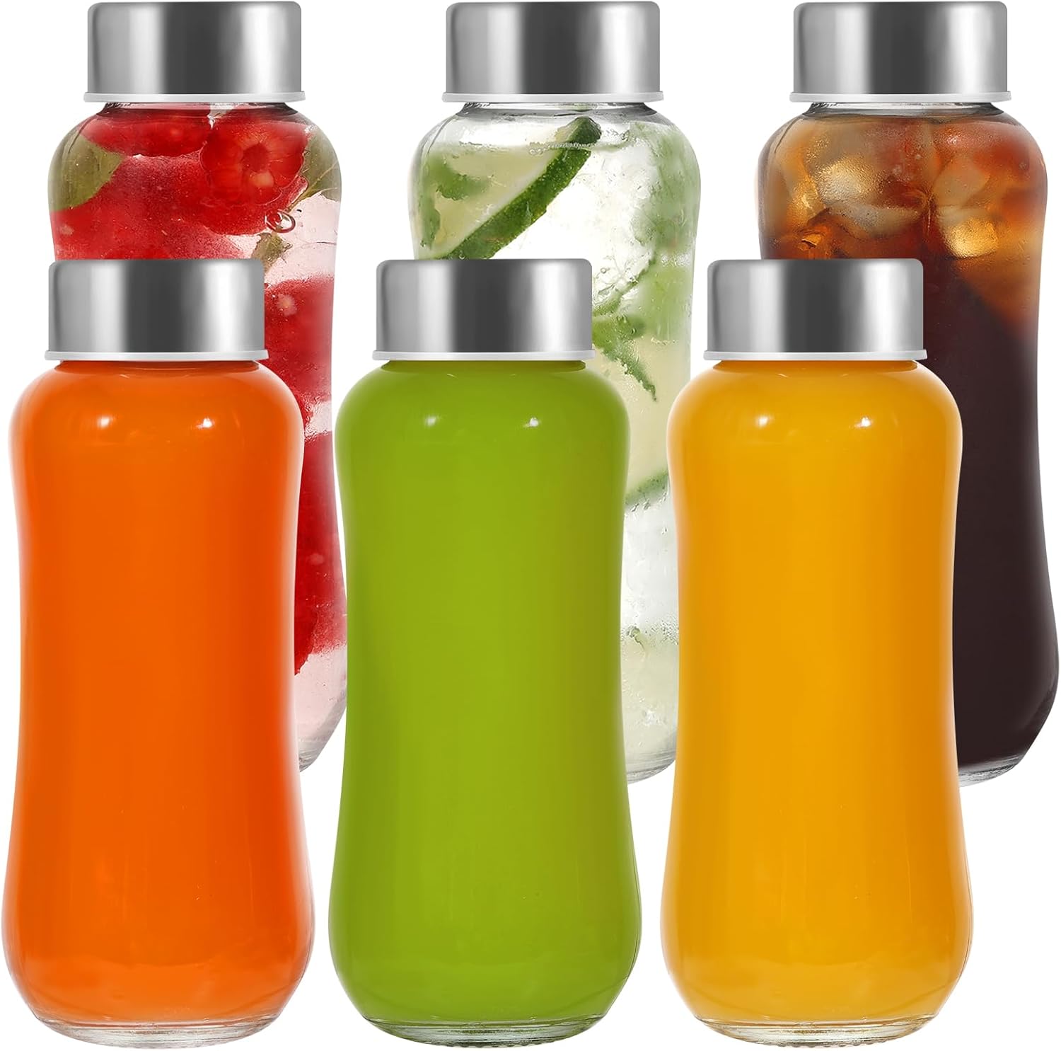Danmu Glass Juice Bottles with Lids 8 oz,Juicing Bottles Reusable Glass,Stainless Steel Lids 100% Leakproof for Juicing,Water,Milk,Milkshake,Coffee 6 Pack Compact Size & Easy Grip Fridge Safe