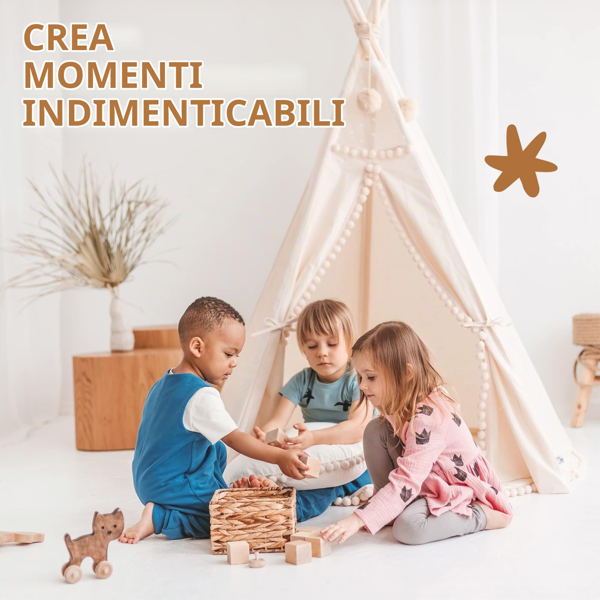 MINICAMP Tenda Tipi Originale per Bambini, Realizzata a Mano in Tela Naturale e Legno, Gioco da Soggiorno per Ragazze e Ragazzi, Stabile con Pompon