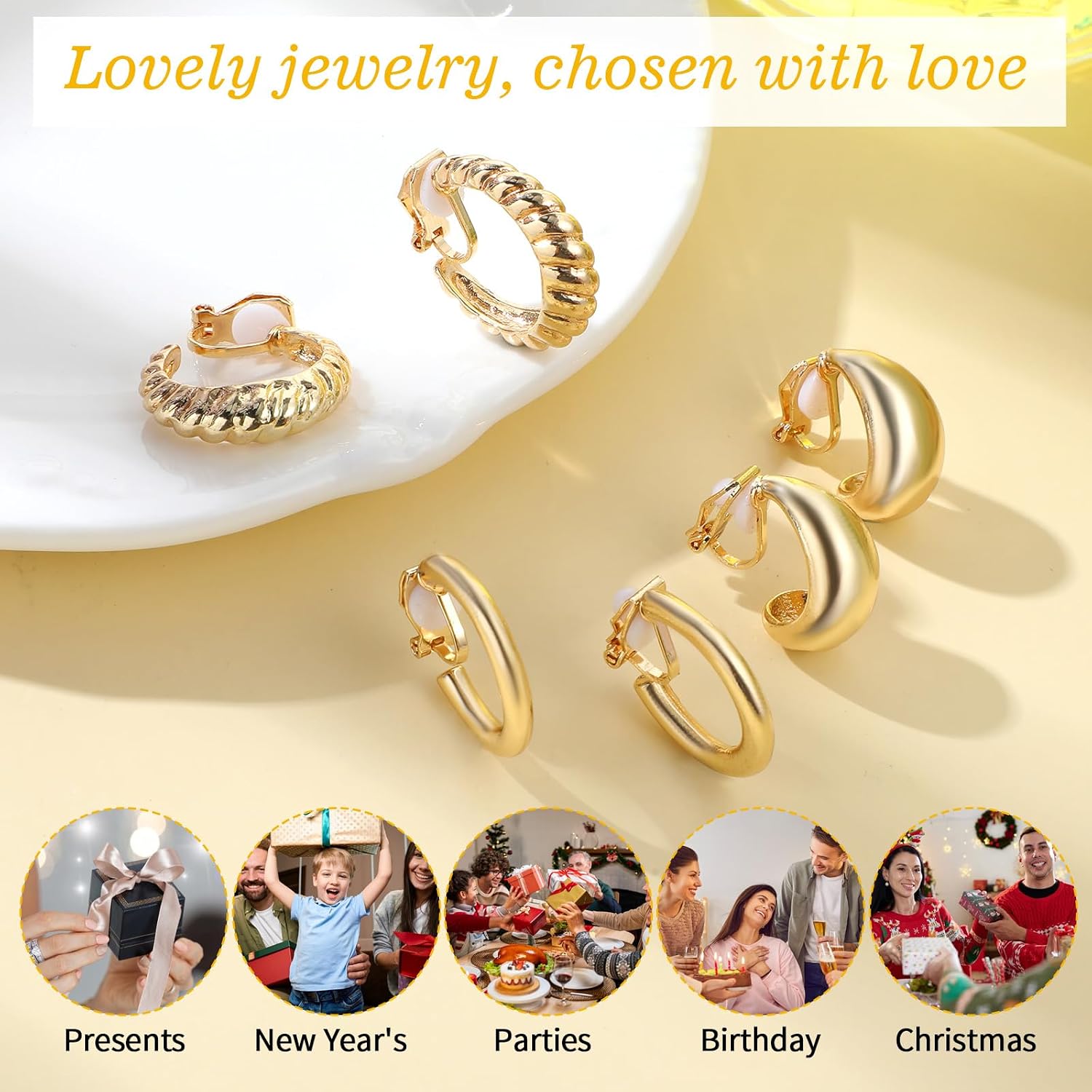 3Pairs Clip On Earrings for Women - 16K Gold Plated Clip Earrings Chunky Tube Croissant Waterdrop - Non Pierced Clip On Gold Hoop Earring Fake Jewelry Set