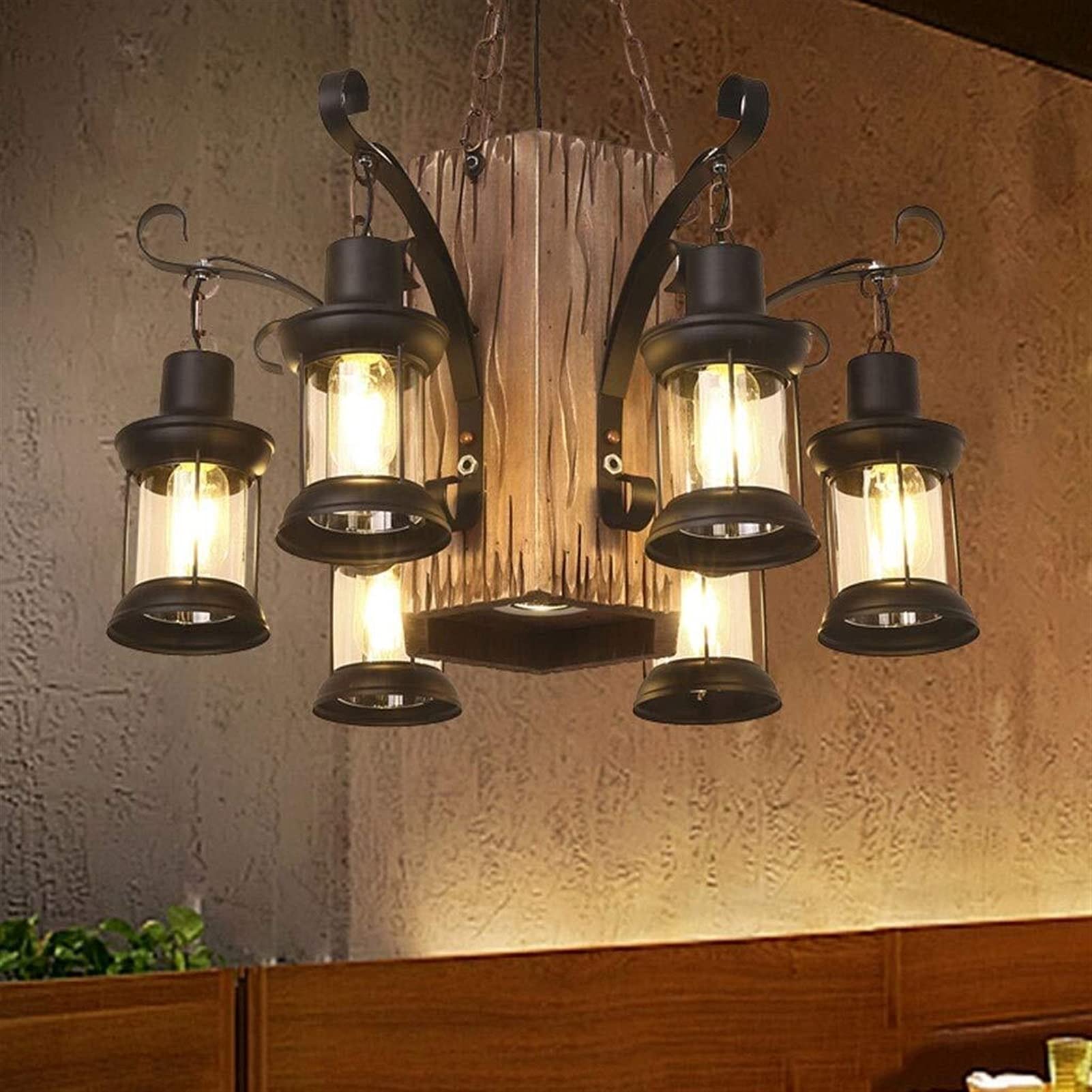 Lampadario in legno nero, ferro battuto, molteplici teste, illuminazione decorativa, illuminazione per terrazze, illuminazione a sospensione per caffè, balconi e bar.