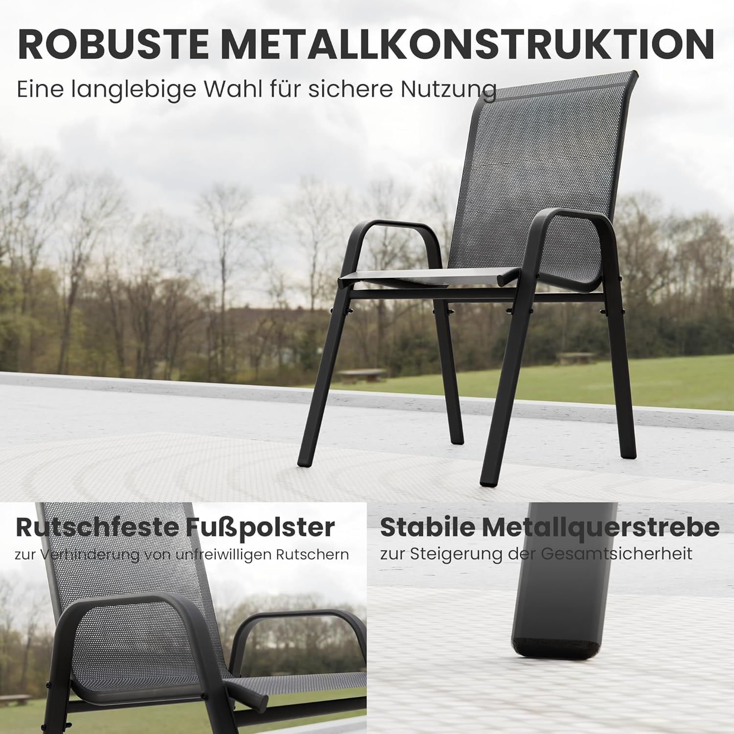 2026 Aufwertung Hochlehner 6er Set Gartenstühle wetterfest, Stapelbar Terrassenstühle Sitzgruppenstühle mit hoher Rückenlehne & atmungsaktivem Textilen, Ideal für Garten, Balkon, Terrasse und Camping