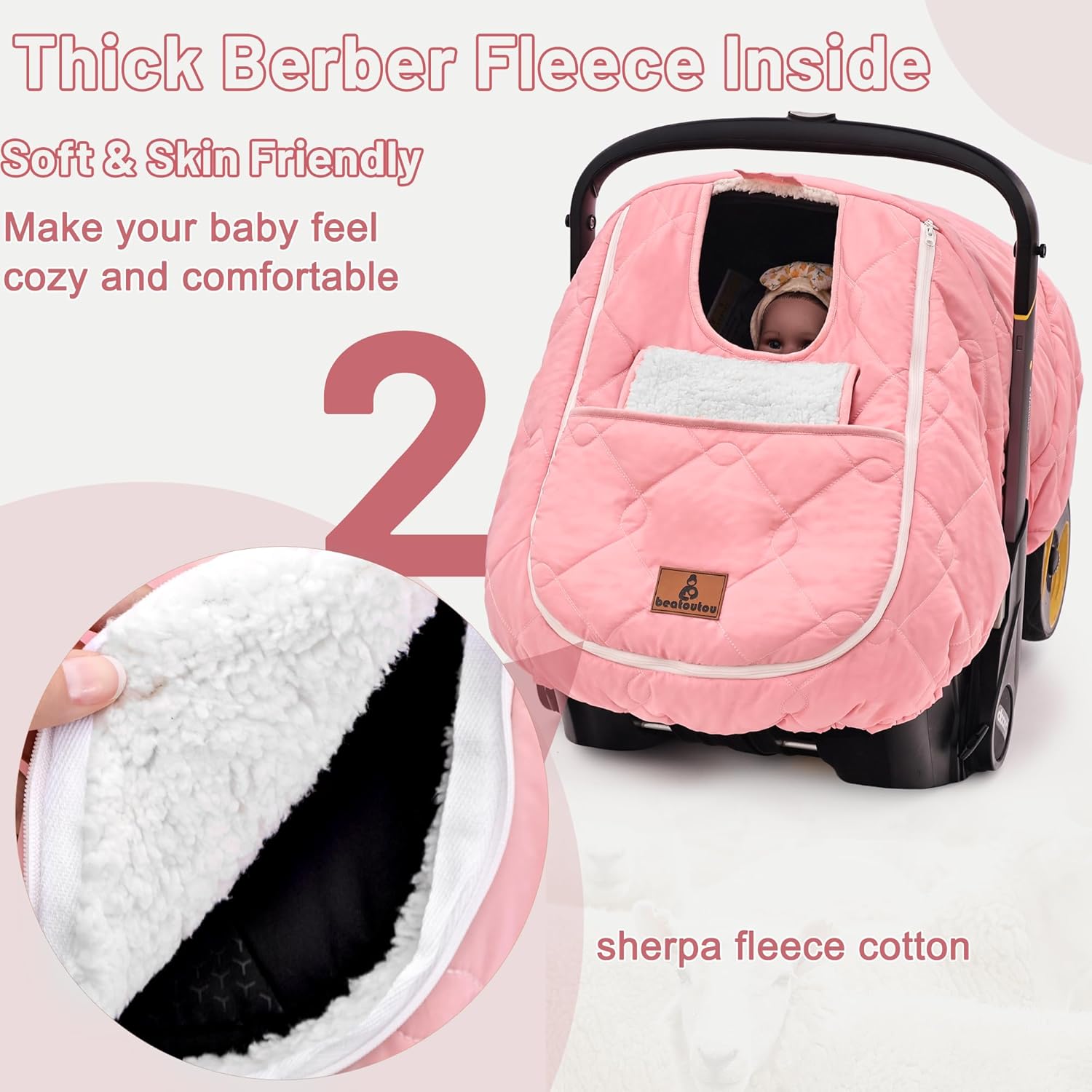 Winter Carseat Cover for Baby，Waterproof Baby Car Seat Cover Compatible with Doona Car Seat and Stroller，Cold Weather Warm Car Seat Covers for Babies, Keeps Babies Warm and Cozy (Pink) - Image 3