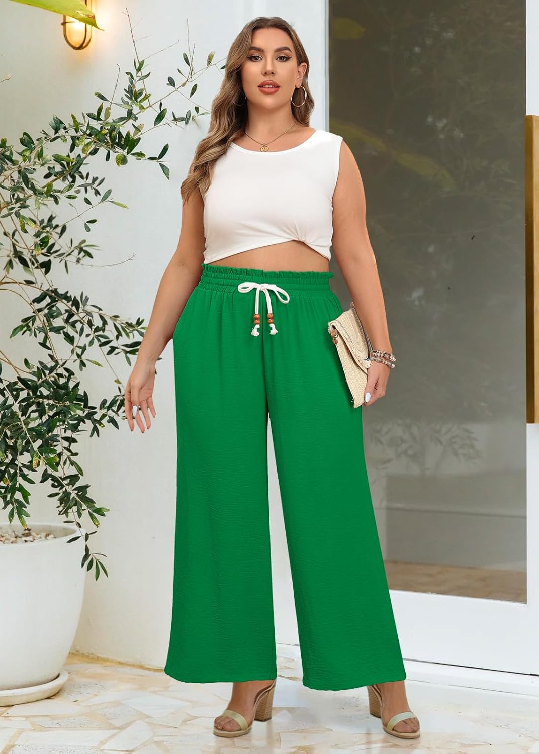 Lastshe Plus Size Wide Leg Pants for Women Elastic High Waisted Drawstring Loose Lounge Long Palazzo Trousers with Pockets - Image 3