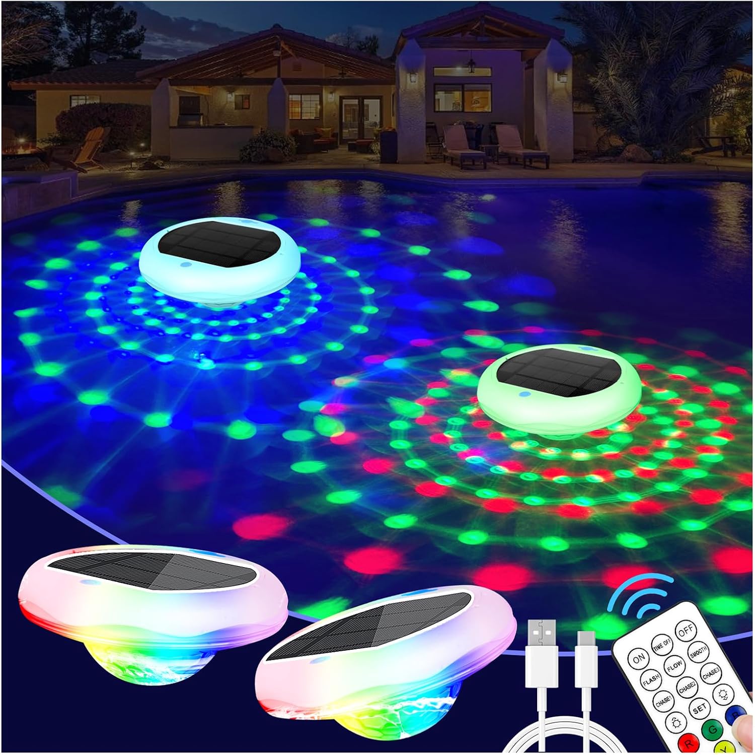 TEPENAR Solar Floating Pool Lights: 2 Pack USB Rechargeable Pool Lights that Float 6 Dynamic Modes with Remote IP68 Waterproof Hang RGB Upper and Lower Floating Light for Pond Garden Party Yard