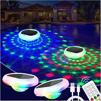 TEPENAR Solar Floating Pool Lights 2 Pack USB Rechargeable Pool Lights that Float 6 Dynamic Modes with Remote IP68 Waterproof Hang RGB Upper and Lower Floating Light for Pond Garden Party Yard