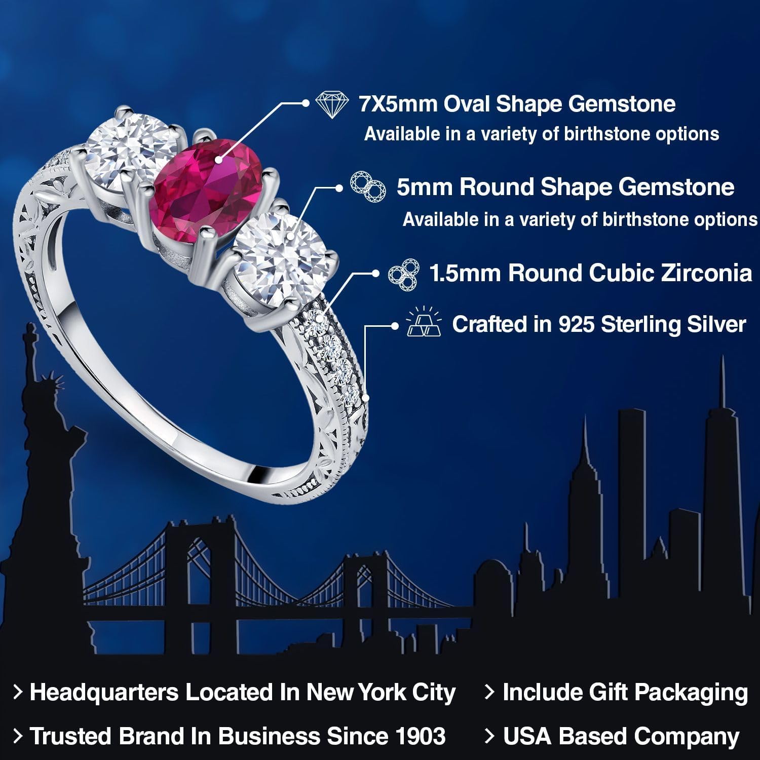 Gem Stone King 2-3 Cttw Gemstone Birthstone 3-Stone Engagement Ring for Women | 925 Silver | Oval 7X5MM | Round 5MM | Filigree and Milgrain Detail | Three Stone Wedding Ring