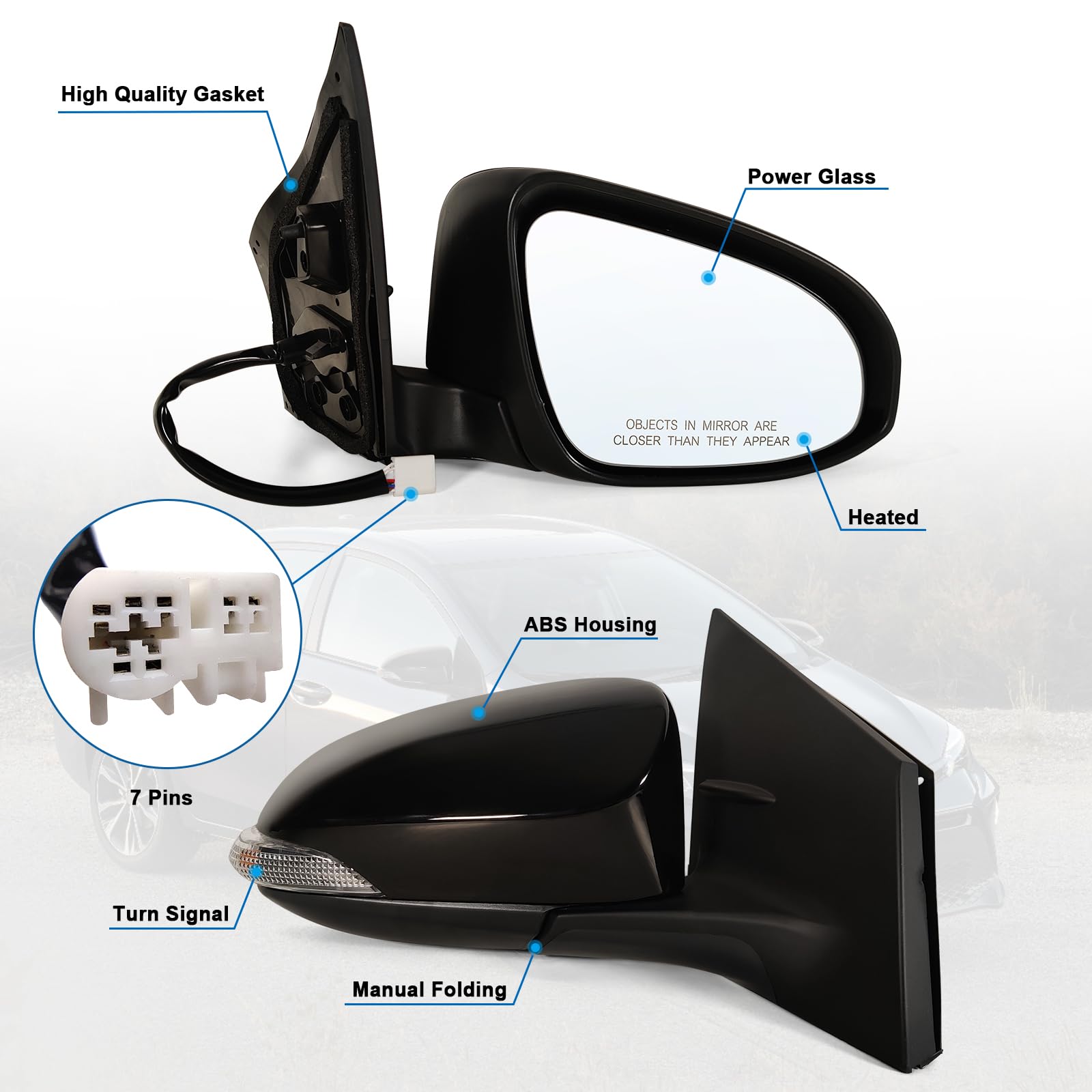 Lqito Right Passenger side Mirror Fits 2014-2018 Toyota Corolla Sedan/Hatchback with Power Glass Heated and Turn signals without Blind Spot Match Black Replace 8791002G11(7Pins)