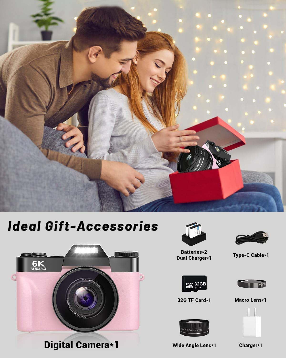 VJIANGER 2025 Upgrade 6K Digital Camera for Photography 64MP Vlogging Camera for YouTube with WiFi, 180°Flip Screen, 16X Digital Zoom, 52mm Lens, 32GB Micro SD Card, 2 Batteries(Pink) - Image 2
