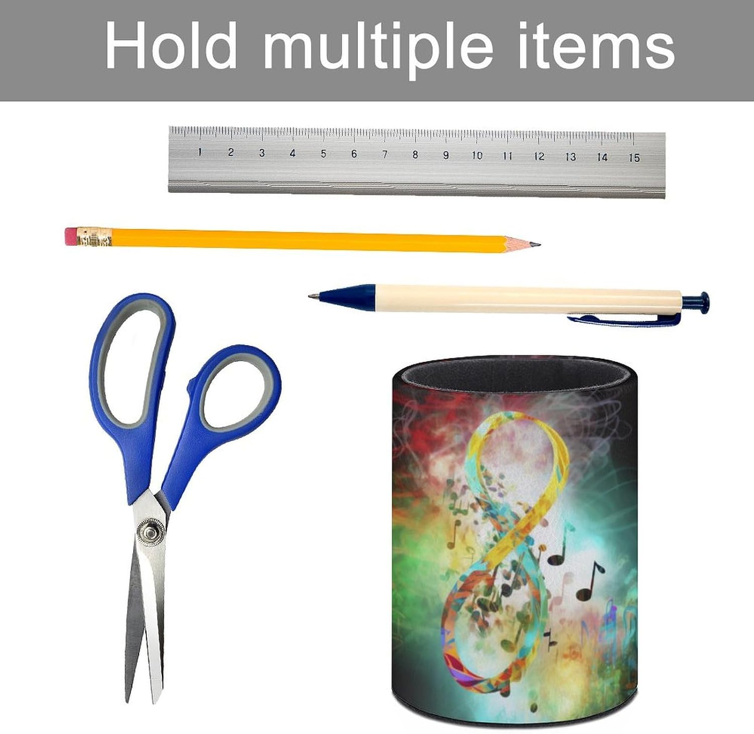 Abstract Music Symbol Pen Holder Round Pencil Holder PU Leather Desk Organizer Makeup Brush Holder Modern Desk Accessories Holder Pencil Cups for Office Supplies image 5