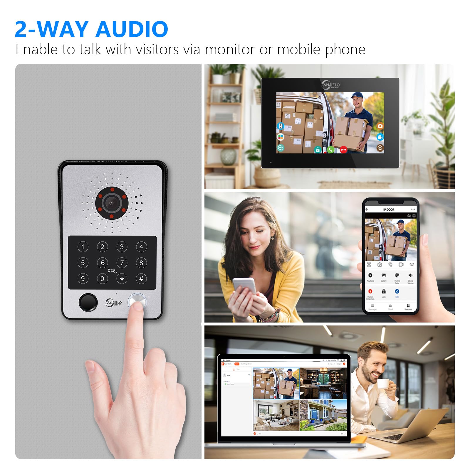 ANJIELO SMART Dzwonek do drzwi wideo, domofon (przewodowy), kamera do drzwi wideo 1080P z ekranem dotykowym 7", obsługa odcisków palców, karta IC, odblokowywanie hasła (biały)