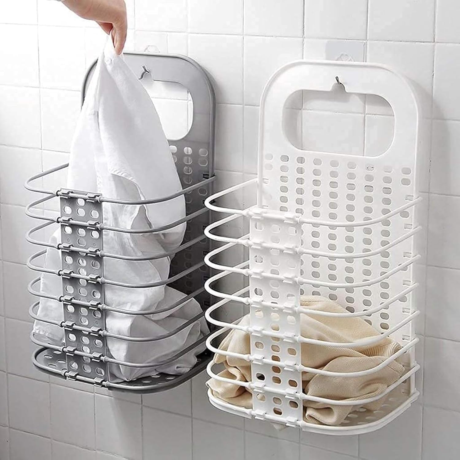 FLIPXEN Wall Mounted Bathroom Hanging Mesh Laundry Basket Toiletry Organization Washing Bin Home Portable Magic Sticker Plastic Laundry Hamper Bag for Bathroom Dirty Clothes-image-41
