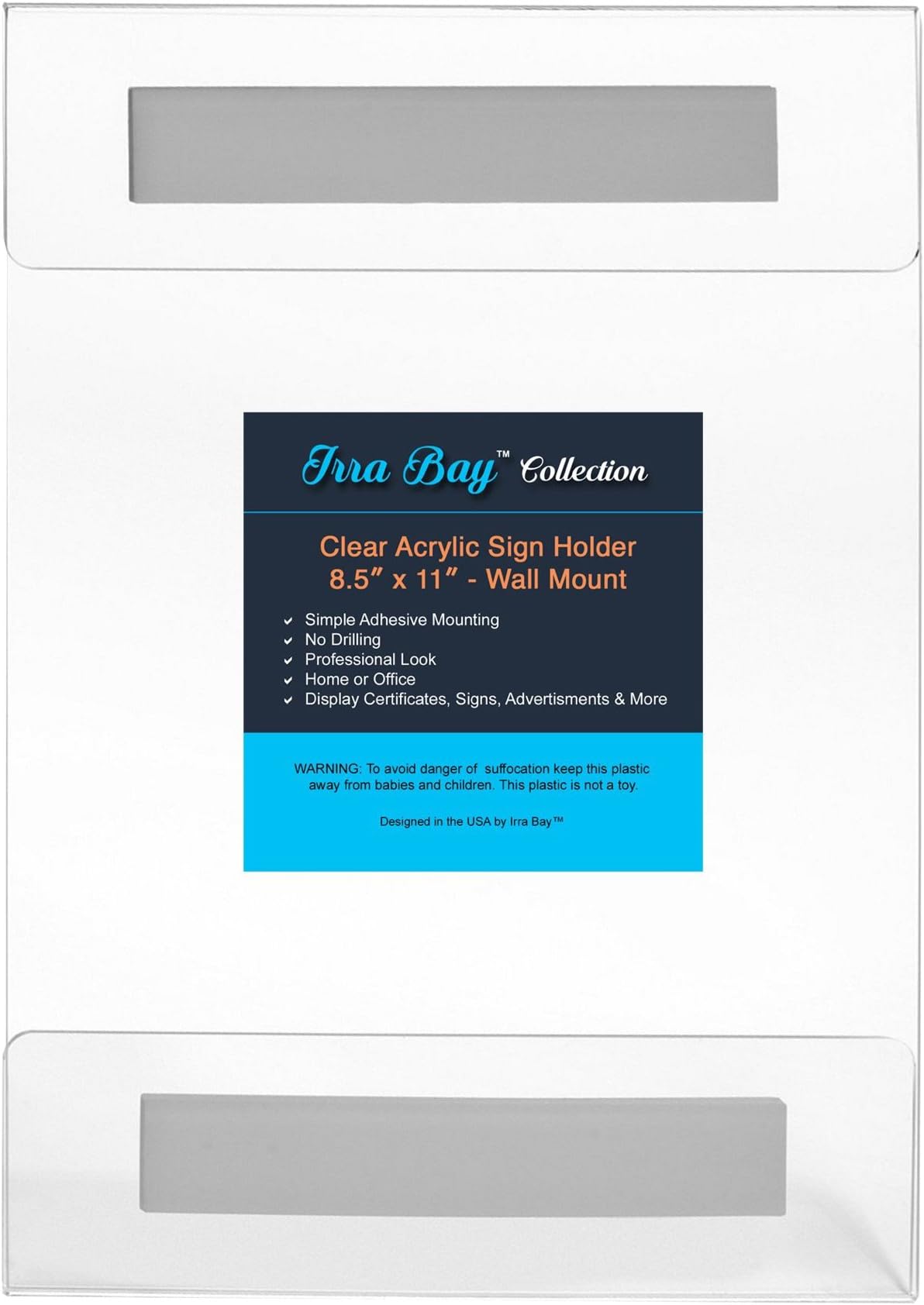 8.5 x 11 Wall Mount Acrylic Sign Holder with Adhesive, No Drilling by Irra Bay (Pack of 1)