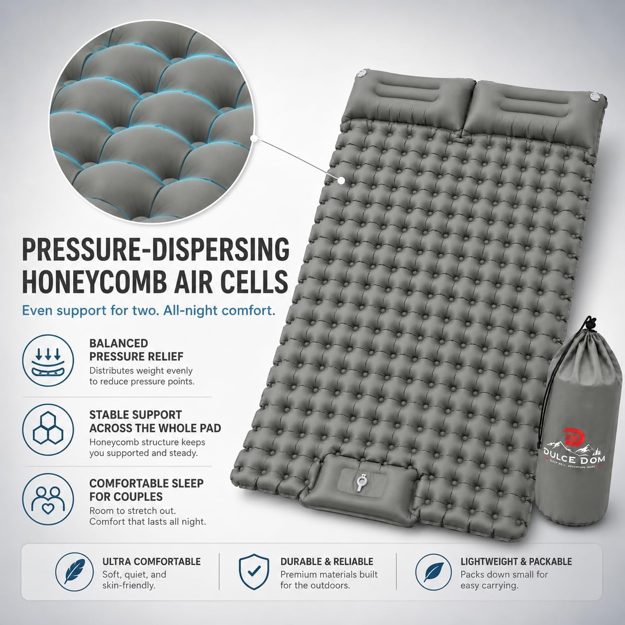 True 4" Double Camping Sleeping Pad, 2 Person Inflatable Mat with Foot Pump