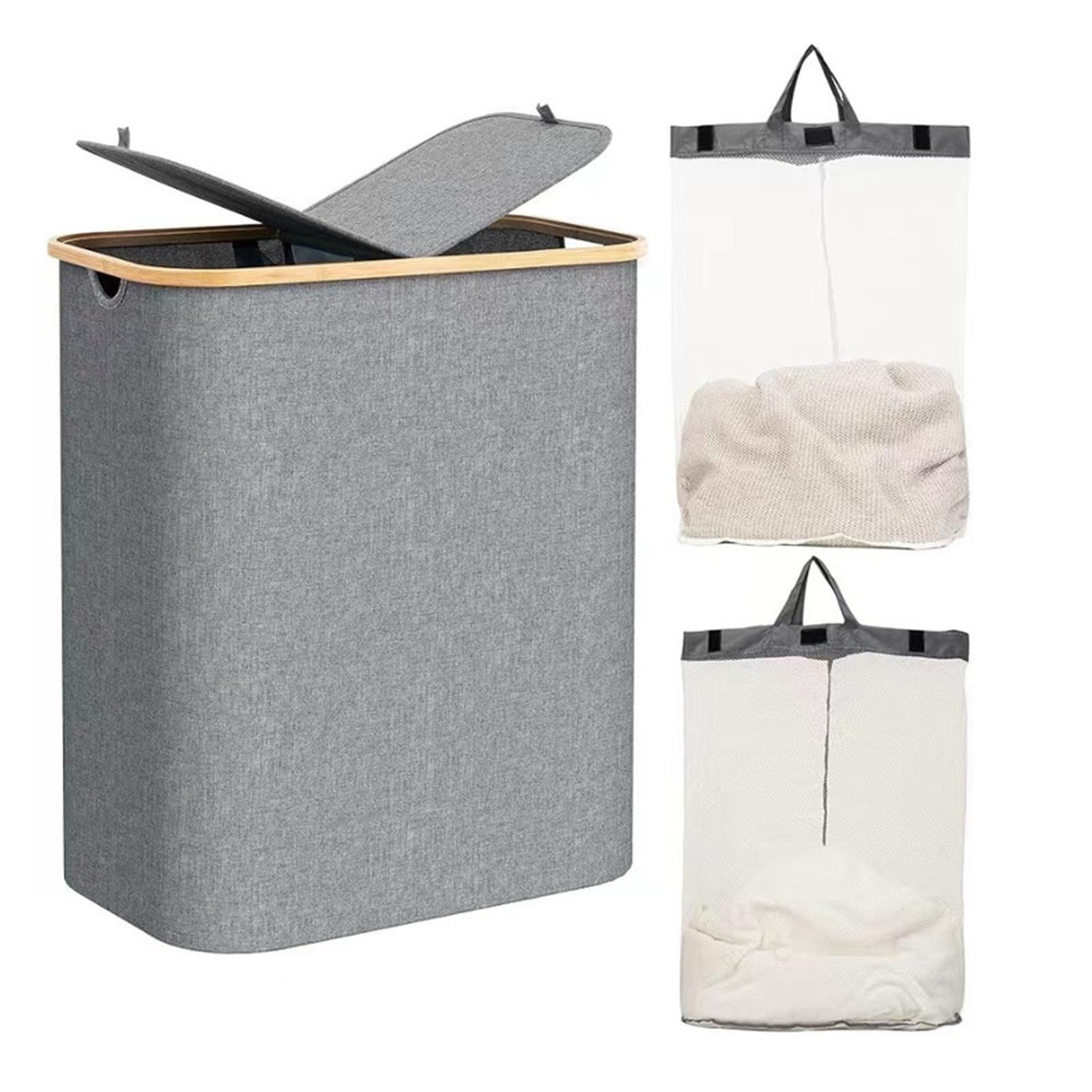 Collapsible Slim Laundry Hamper with Lid Handles Removable Inner Bag Clothes Basket Bin Foldable Freestanding