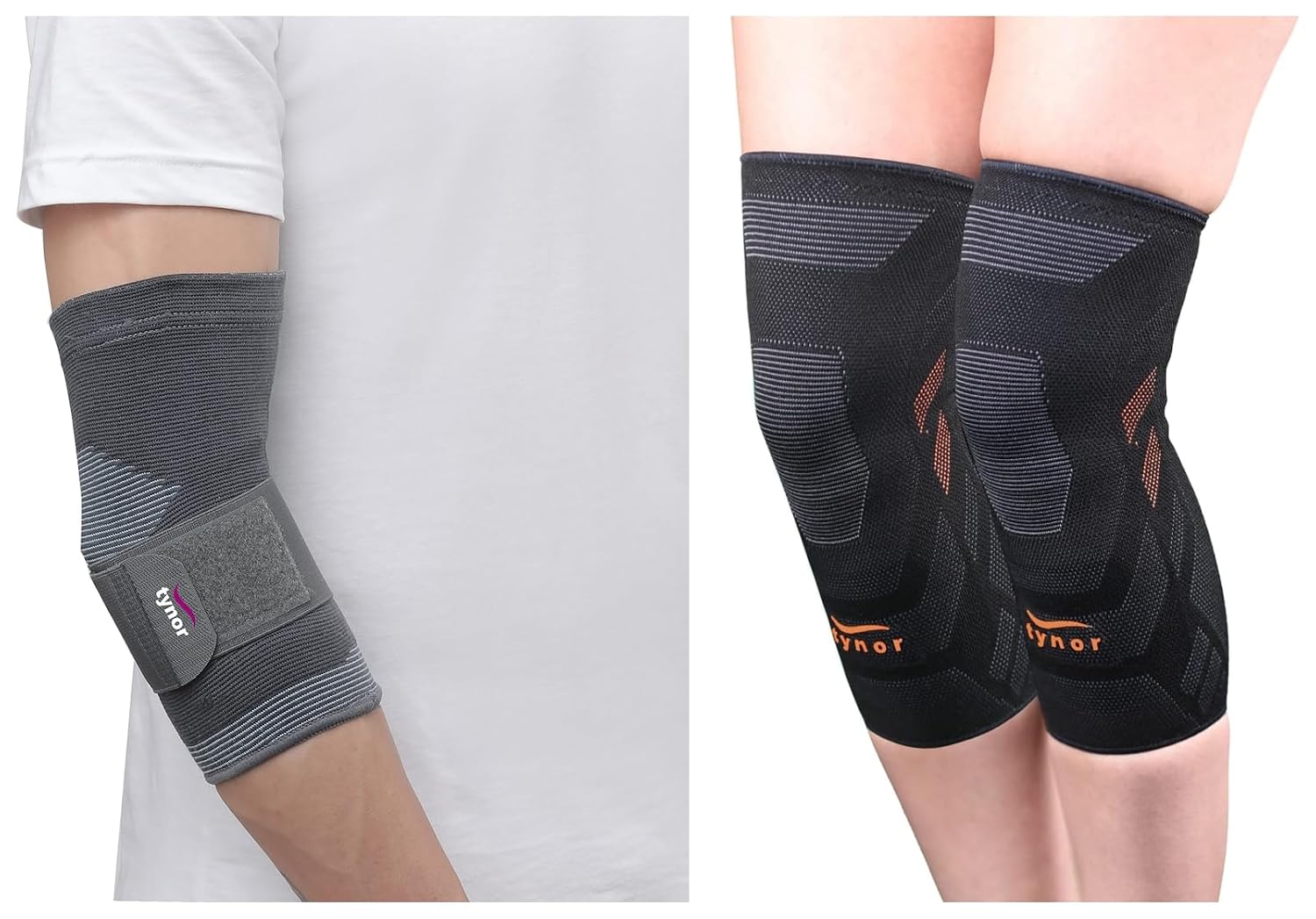 TYNOR Knee Cap Air Pro, Black & Orange, Large, Pack of 2 Elbow Support, Grey, Large, 1 Unit