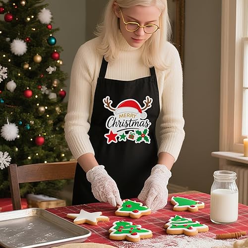 Miniatura 5 de Delantales de Navidad para mujeres y hombres con 2 bolsillos, delantal ajustable resistente al agua para hornear, asar a la parrilla, cocinar