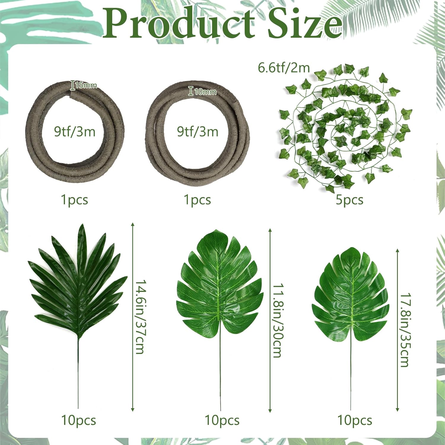 TOCHGREEN 2Pcs 9ft Jungle Theme Party Decorations Artificial Rattans 5 Ivy Fake Vines Tropical Rainforest Leaves Safari Plants with 30Pcs Tropical Palm Leaves for Indoor Outdoor Garden Party Decor