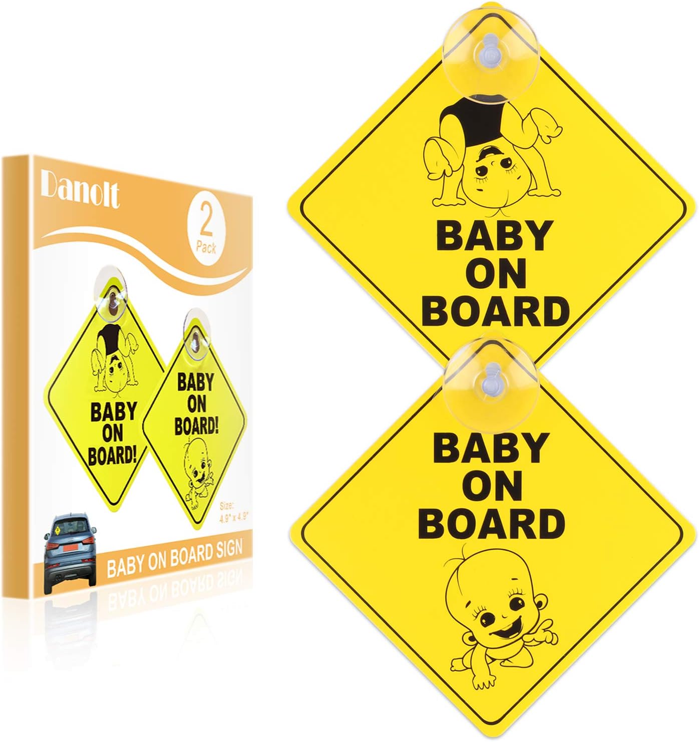 Baby on Board Sign for Car, Danolt 2pcs New Upgrade Thicken Kids Safety Warning Sucker Sticker for Driver, No Fade, Removable