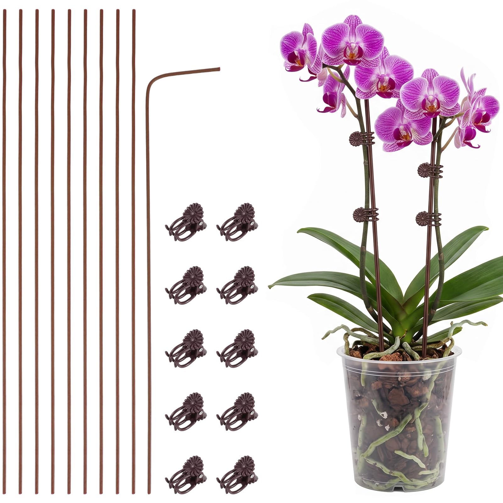 Nogeqi 10 Pack Orchid Stakes and Clips, Flexible Plant Support Stakes,11.8 Inch Plant Holder Stick for Garden,Plants Supports for Tomato Rose Outdoor Indoor Plants Professional Phalaenopsis(Brown)
