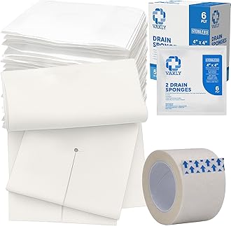 Vakly Split Drain Sponge Gauze 4x4 Sterile 6 Ply Pads [50 Pack] Absorbent Precut 4"X4" Non-Woven Slit Pre Cut Bandages + 1 Roll Medical Tape for I.V. Tracheostomy - 25 Packs of 2 – Packaging May Vary