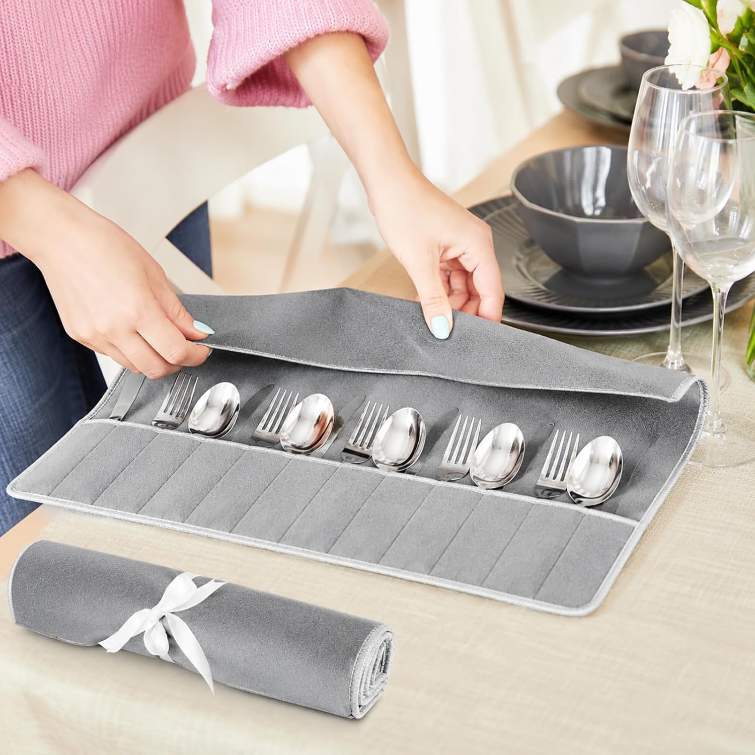 Hillban 6 Pcs Anti Tarnish Silverware Storage Bags Felt, 12 Slots, Grey