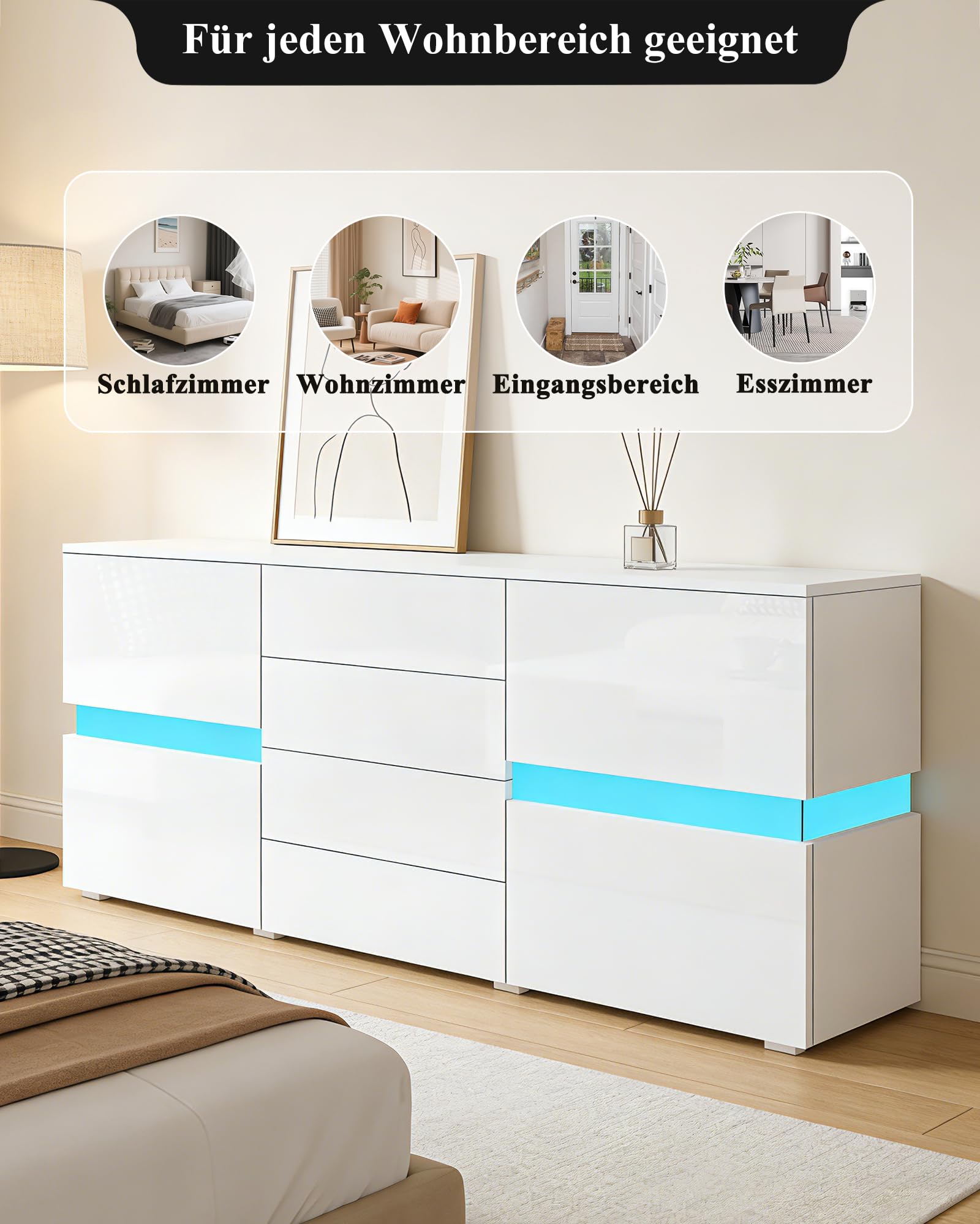 Anrichte Hochglanz Anrichte für Wohnzimmer Modernes Anrichte Schrank Vitrine mit LED Beleuchtung 2 Türen 4 Schubladen Wohnmöbel (Weiß)