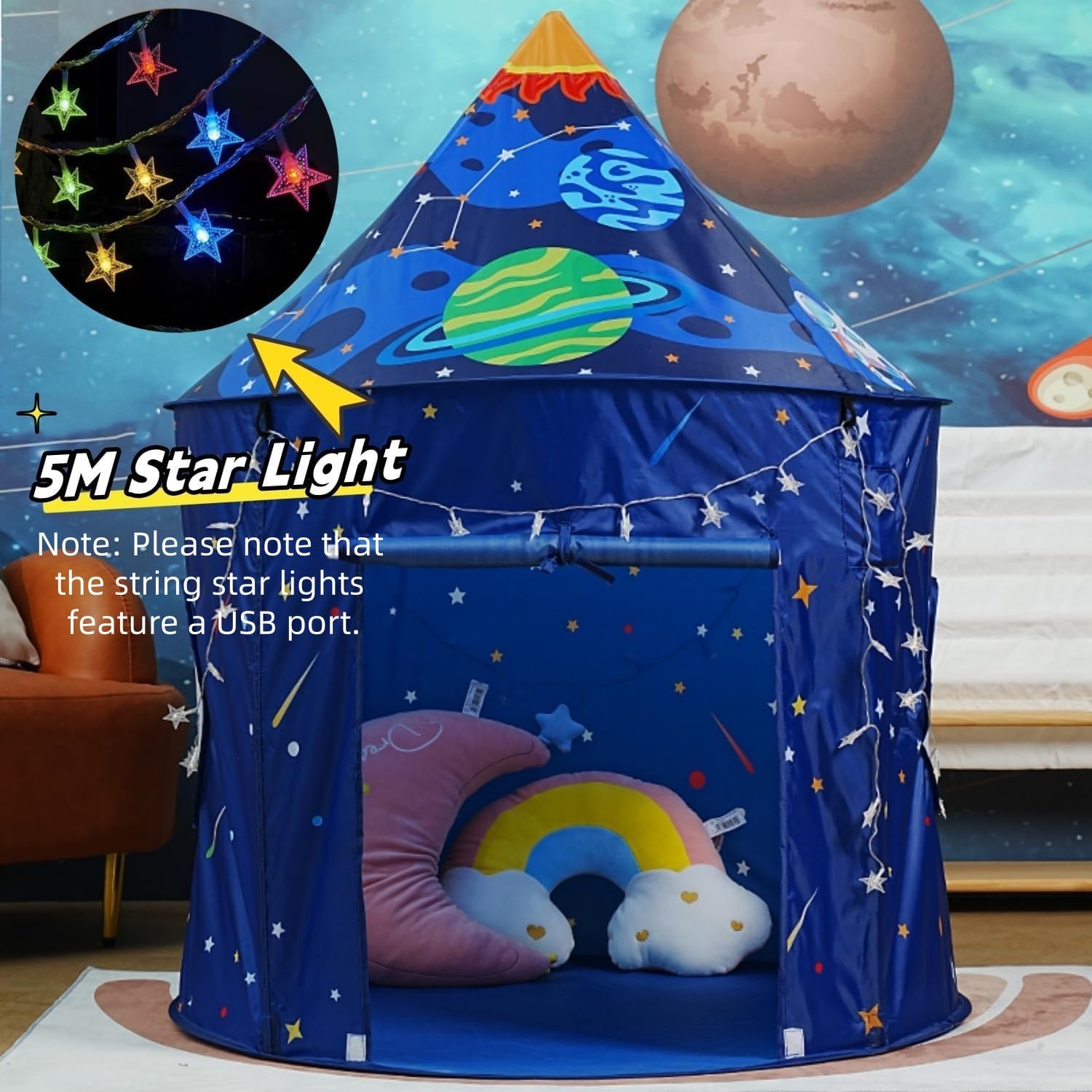 Blue Space Rakete Spielzelt für Kinder, Kinderzelt mädchen, Pop-Up-Zelt für Kinder, Zelt für Jungen und Mädchen, drinnen und draußen