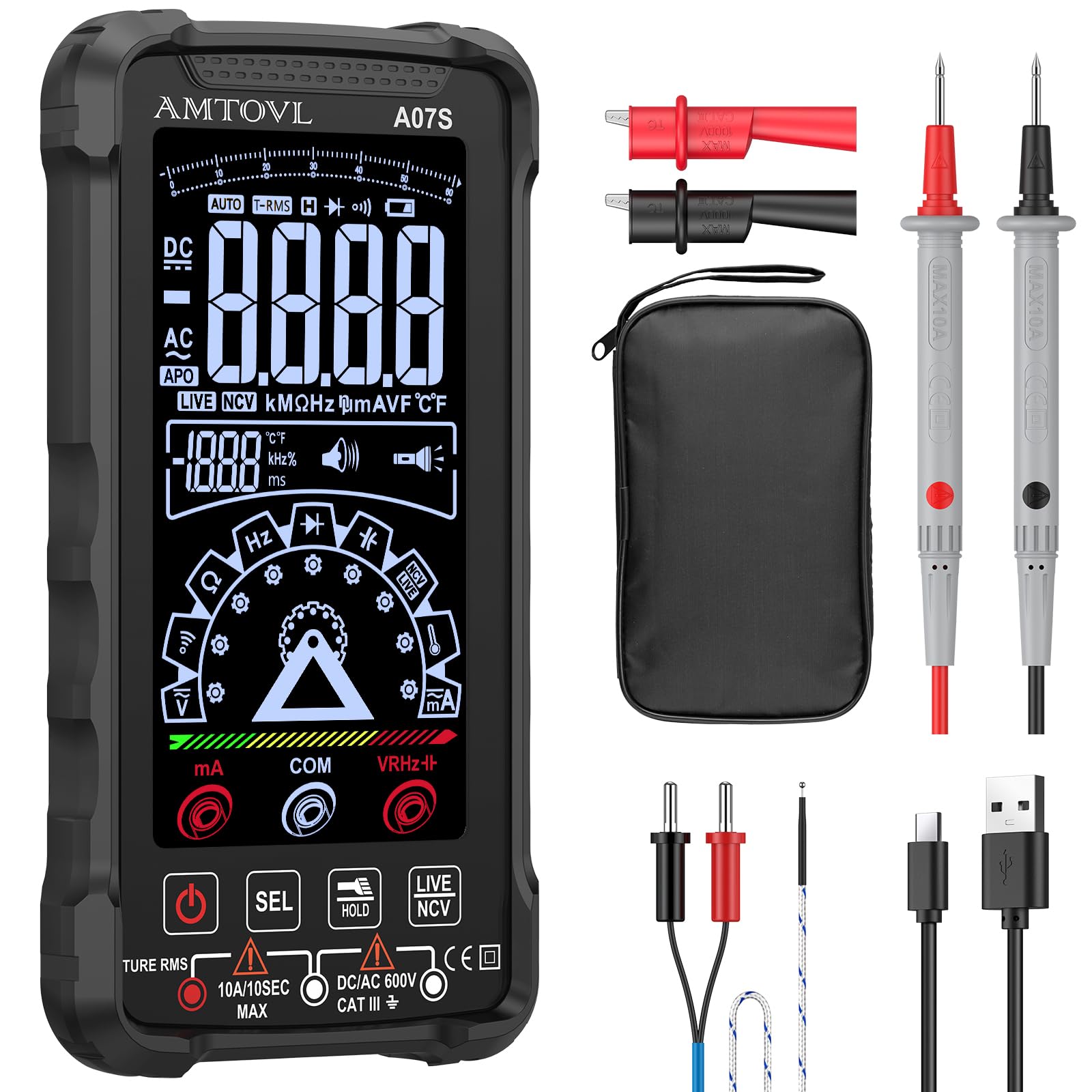AMTOVL Digital Multimeter Tester, Auto-Ranging TRMS 6000 Counts Voltmeter Rechargeable Smart Multimeter LCD Screen Volt Meter