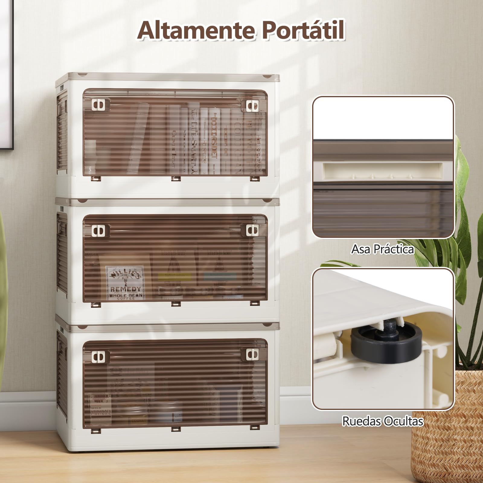 GOPLUS Caja de Almacenaje de 3 Niveles con Tapa y Ruedas, Cajas Apilables Plegables con 5 Puertas, Organizador de Almacenamiento 90/132 L para Salón Oficina Cocina (51,5 x 36,5 x 88 cm)