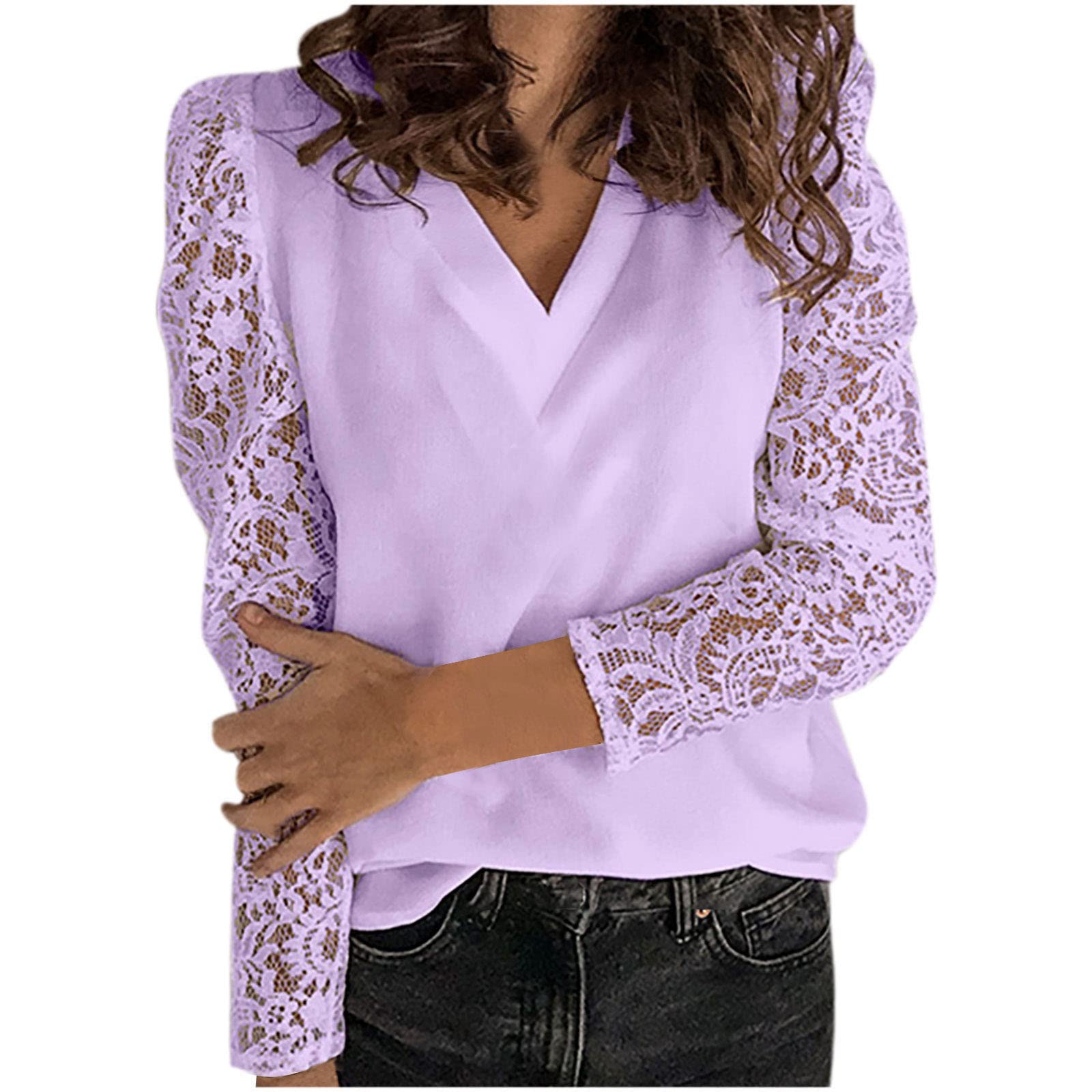 NUSGEAR 2022 Camiseta Manga Larga Mujer, Verano Moda Color sólido Elegante Blusa Camisa Camiseta Encaje Manga Suelto Tops Cuello en V Casual Fiesta T-Shirt Talla Grande Original cómodo tee XL-5XL