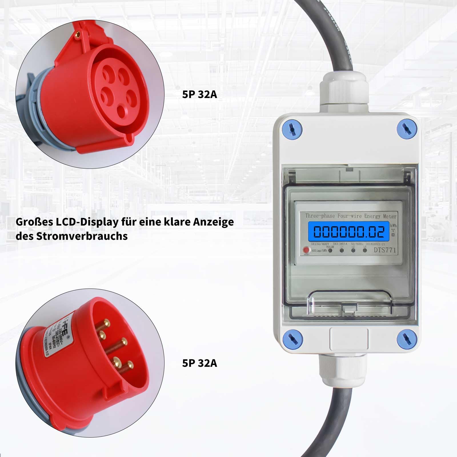Mobiler Stromzähler 32A 3 Phasen 400V IP68 CEE Stecker Kupplung Zwischenzähler