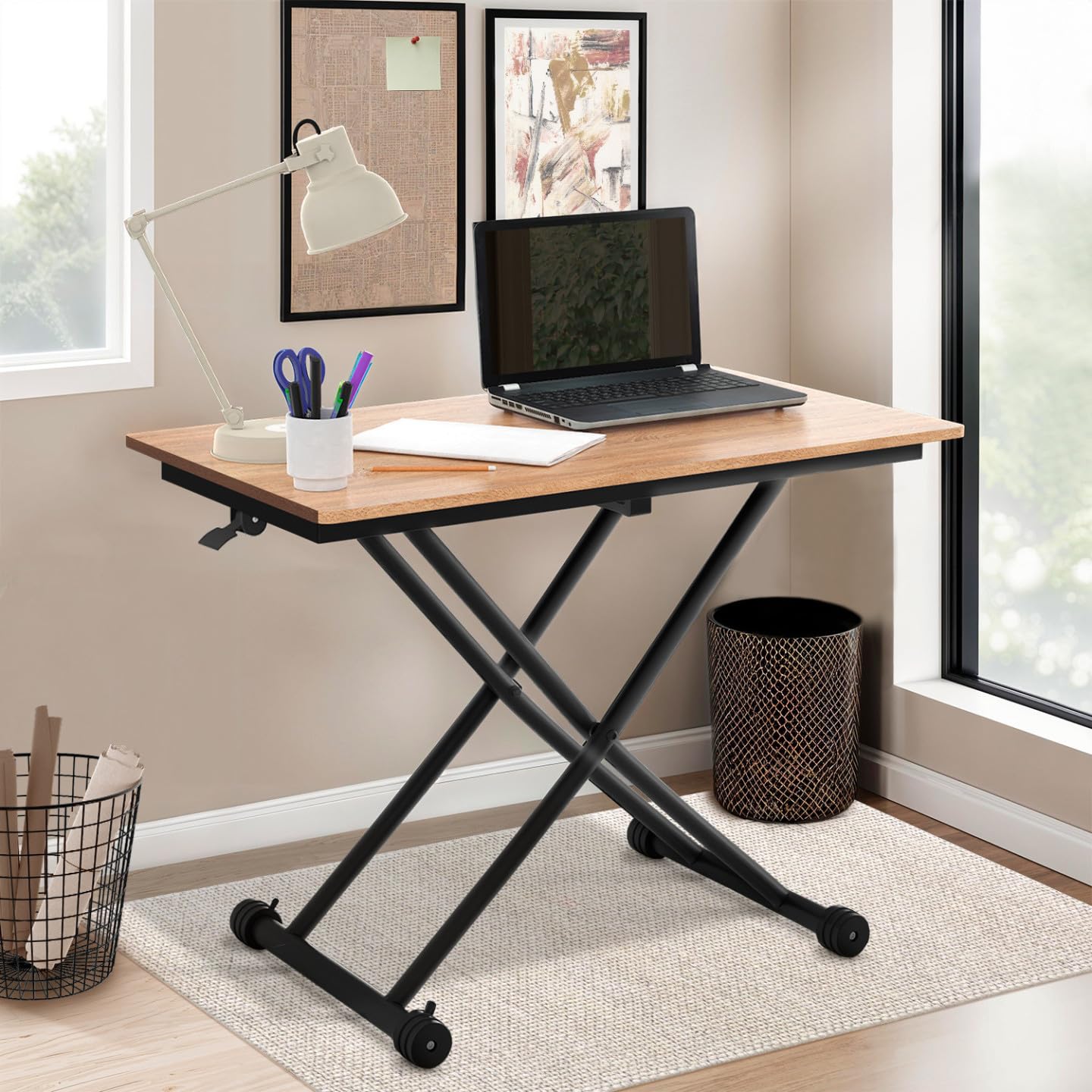 IDMarket – Mesa de centro fija elevable en mesa de comedor Urbana madera/negro | Rectangular, 100 x 57 x 28/75 cm, bandeja de madera y pie negro, diseño industrial