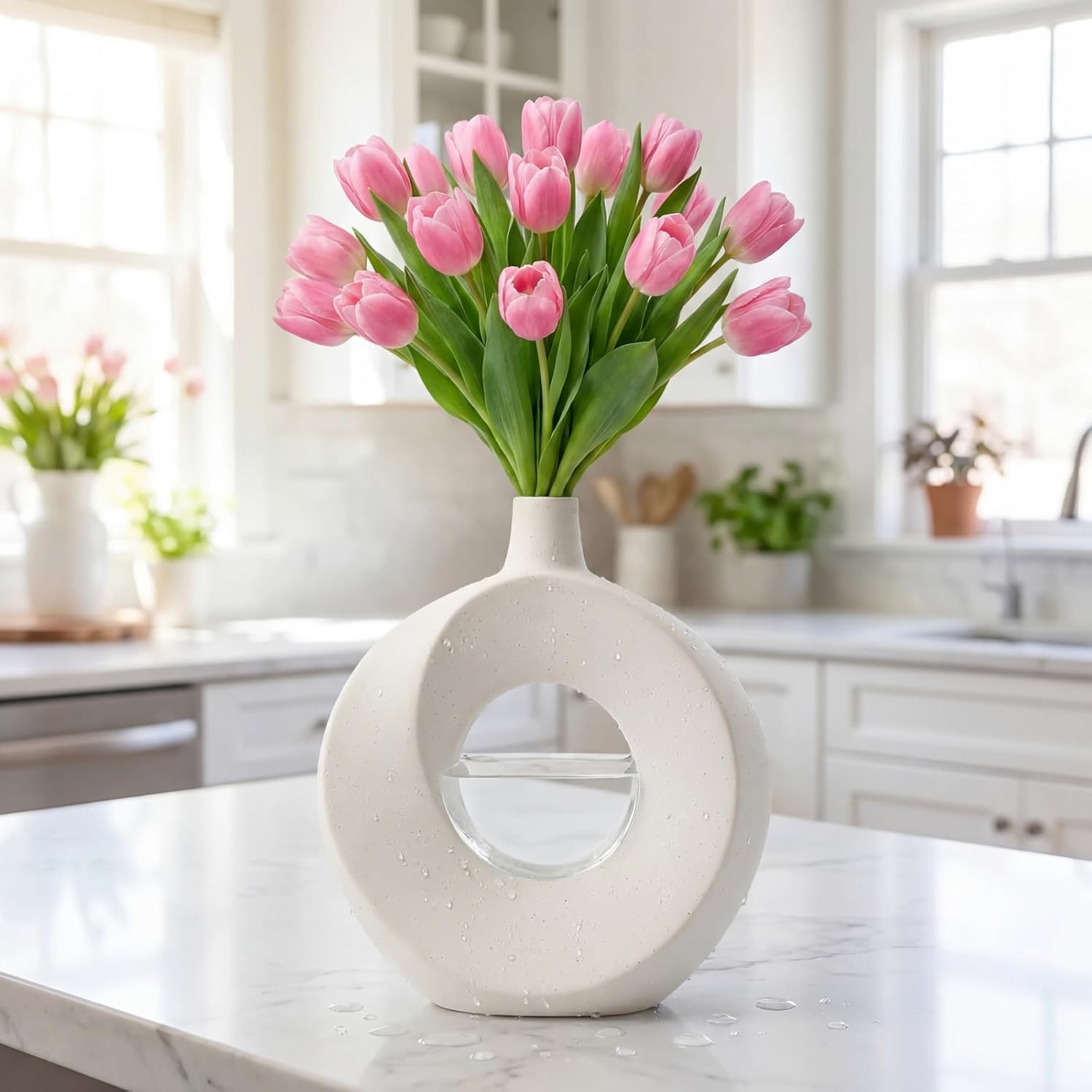 10.24" White Ceramic Donut Vase for Pampas Grass - Modern Speckled Matte Circular Hollow Vase, Minimalist Japandi Style Flower Vase for Living Room, Mantel, Kitchen (Watertight & Handmade)