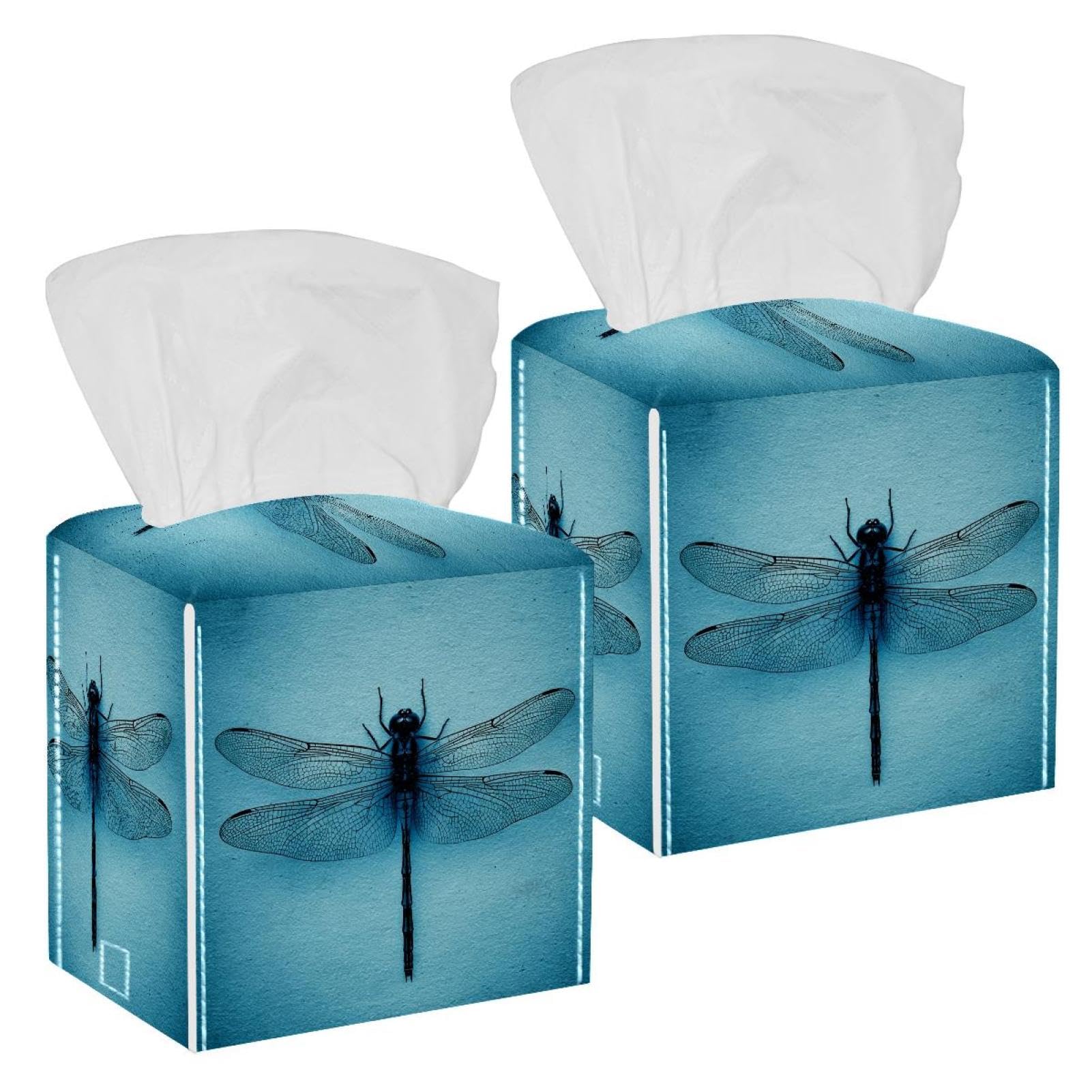 Dragonfly Tissue Box Cover, 2 Pack PU Leather Square Facial Tissue Dispenser Box holder for Home Office Car