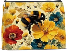Vintage Floral Bee Zipper Makeup Bag for Women Bee Wildflowers Cottagecore Cosmetic Pouch Travel Toiletry Bag