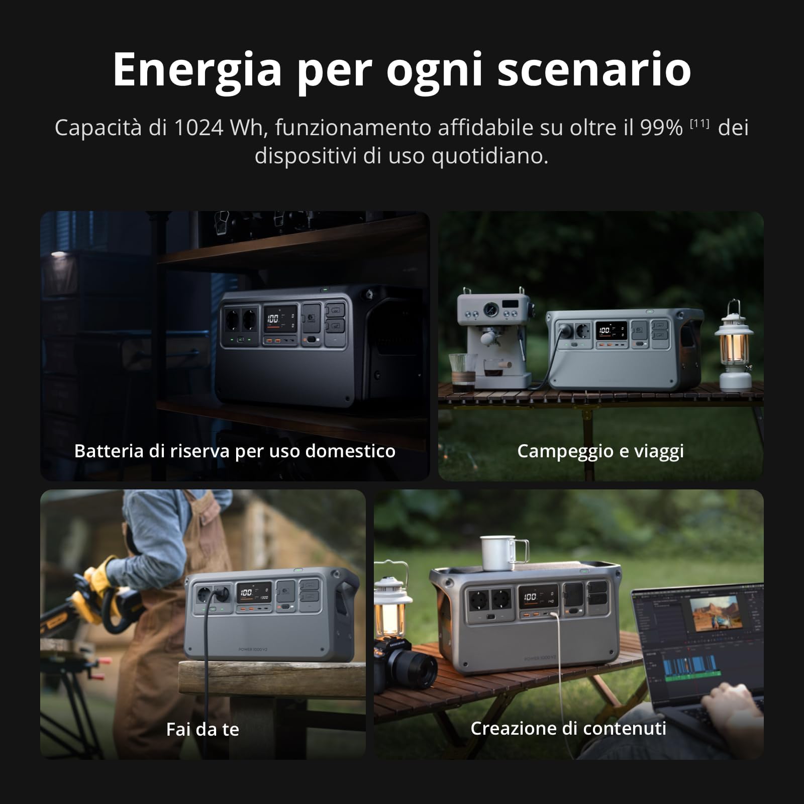 DJI Power 1000 V2 Power Station portatile 1024Wh, 2600 W Power Station Solare, batteria LiFePO4, ricarica rapida in 37 minuti dallo 0% all'80%, generatore elettrico per campeggio (spina inclusa)