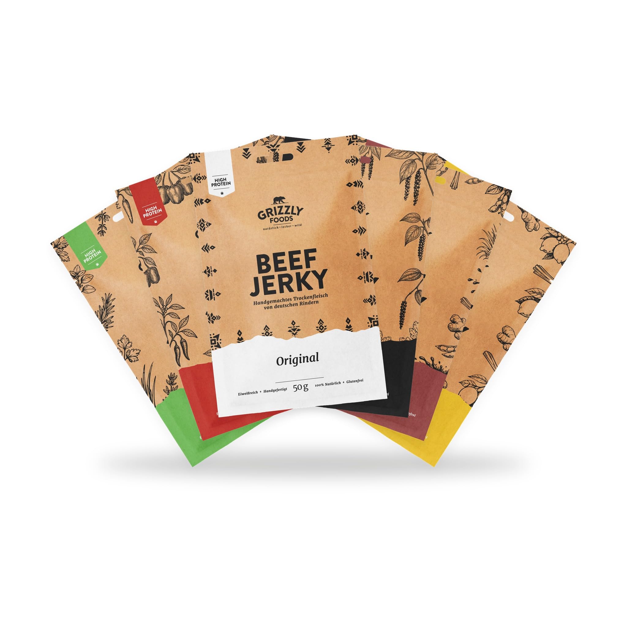 Grizzly Foods • Beef Jerky Probierpaket mit 6 Sorten (6 x 50g) • Trockenfleisch Eiweiß Snacks • Rindfleisch aus Deutschland • High Protein Snack für Gym, Fitness, Outdoor, Office