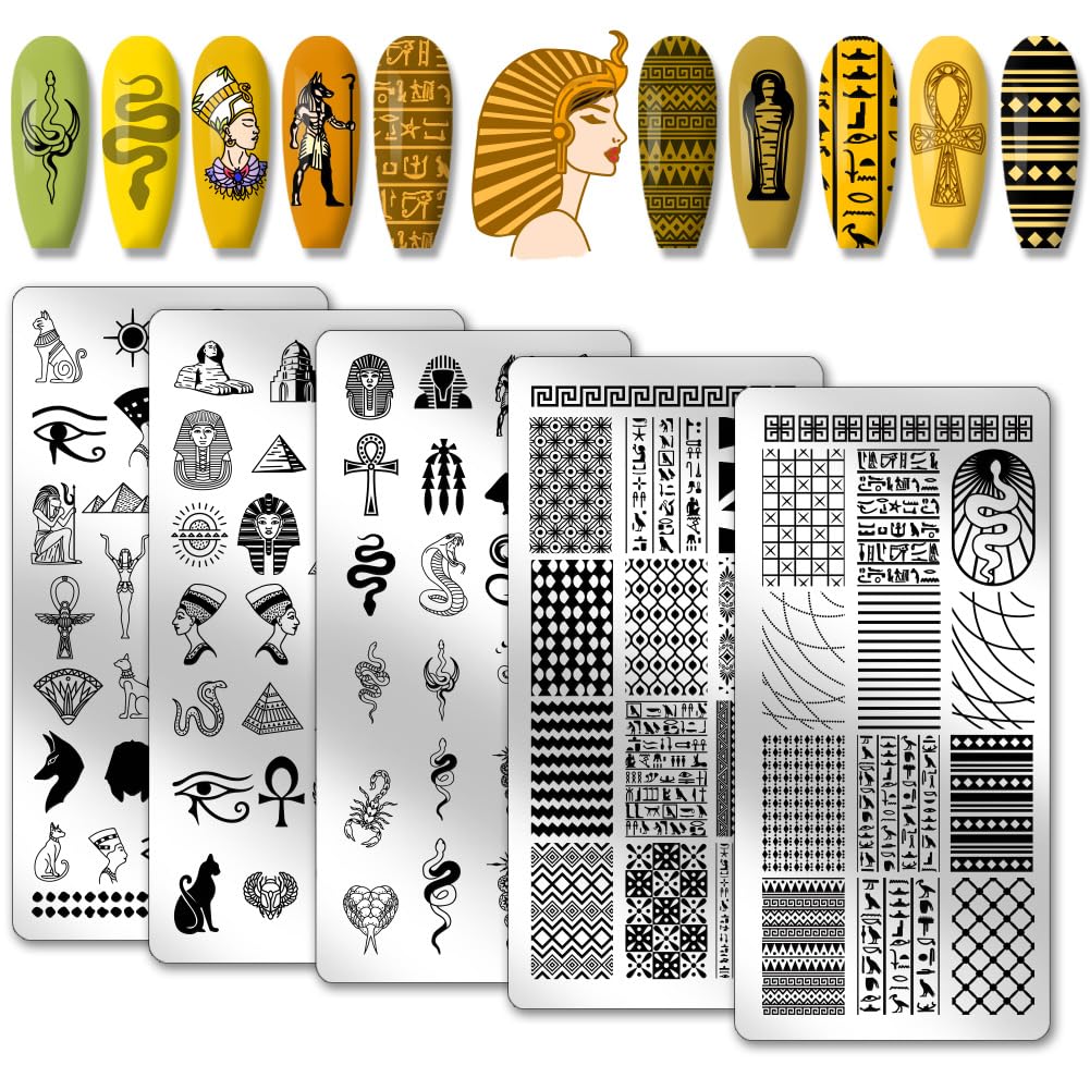 PH PandaHall 5pcs Ägyptische Elemente Nagel Stamping Platten, Pharao Mumie Nail Art Schablonen Snake Nail Art Schablone Nagelbild Schablonen für Frauen Nageldesign Druck Maniküre Salon