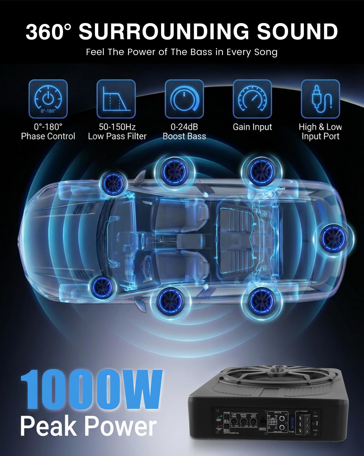 Subwoofer attivo per veicoli, progettato per essere posizionato sotto il sedile, 1000 W di potenza massima, driver da 10 pollici, con illuminazione ambientale blu, amplificatore integrato.
