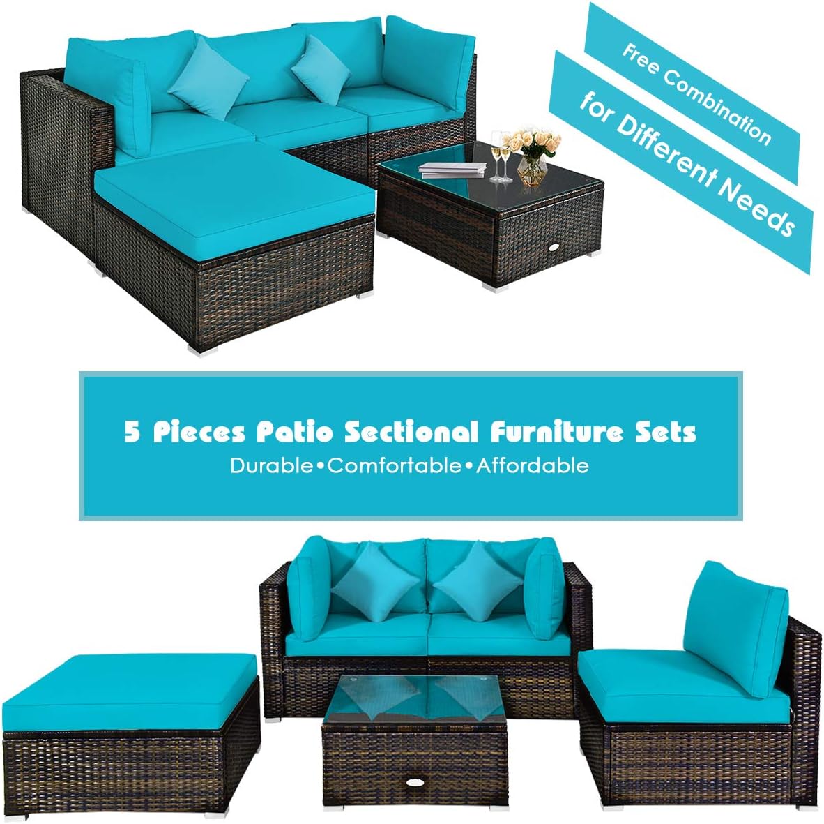DORTALA 5 Piece Patio Furniture Set, Modular Outdoor Wicker Conversation Set w/Tempered Glass Table, Pillows, Free Combination Cushioned Rattan Sectional Sofa Set for Backyard, Porch, Turquoise