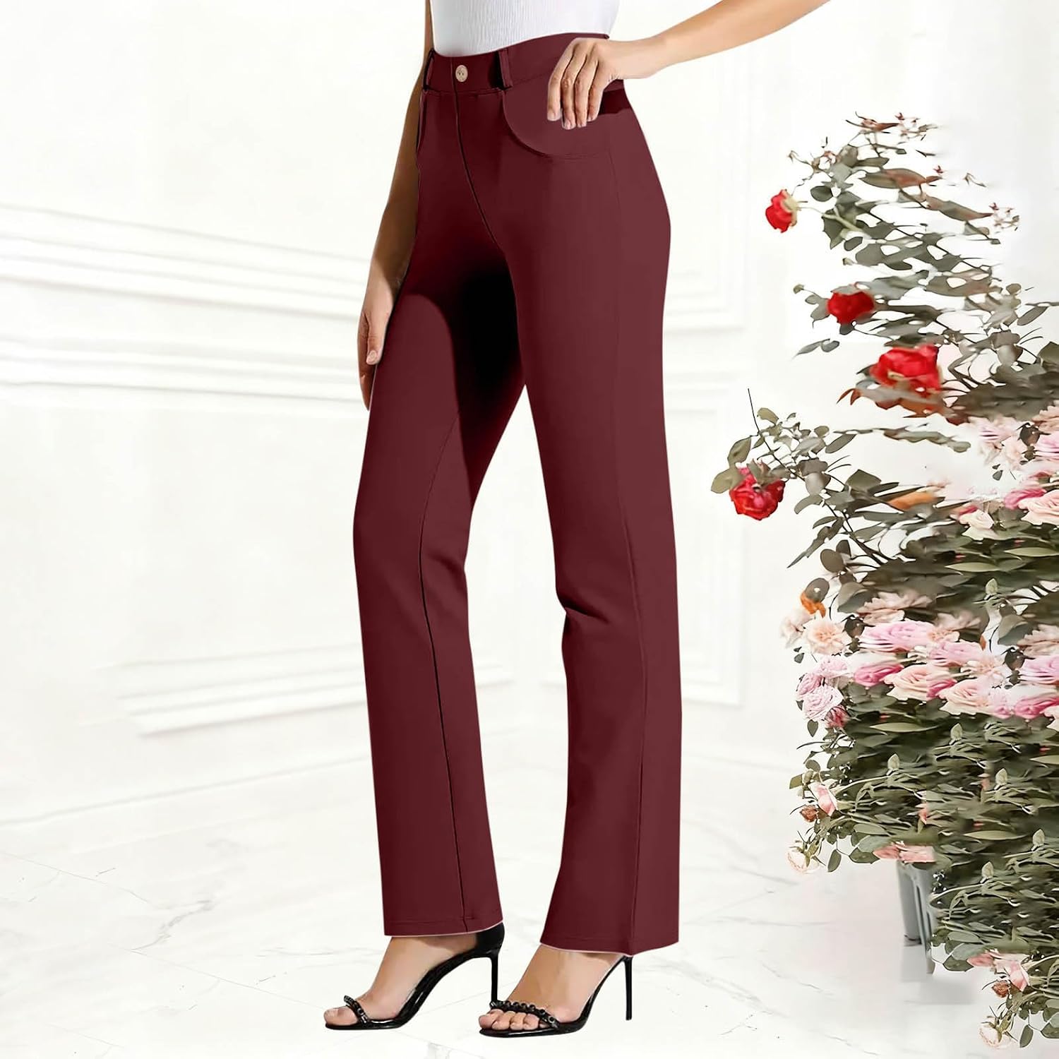 Womens Stretchy Dress Pants 2 Pockets High Waist Pull On Office Slacks Casual Business Work Pants Long Trousers