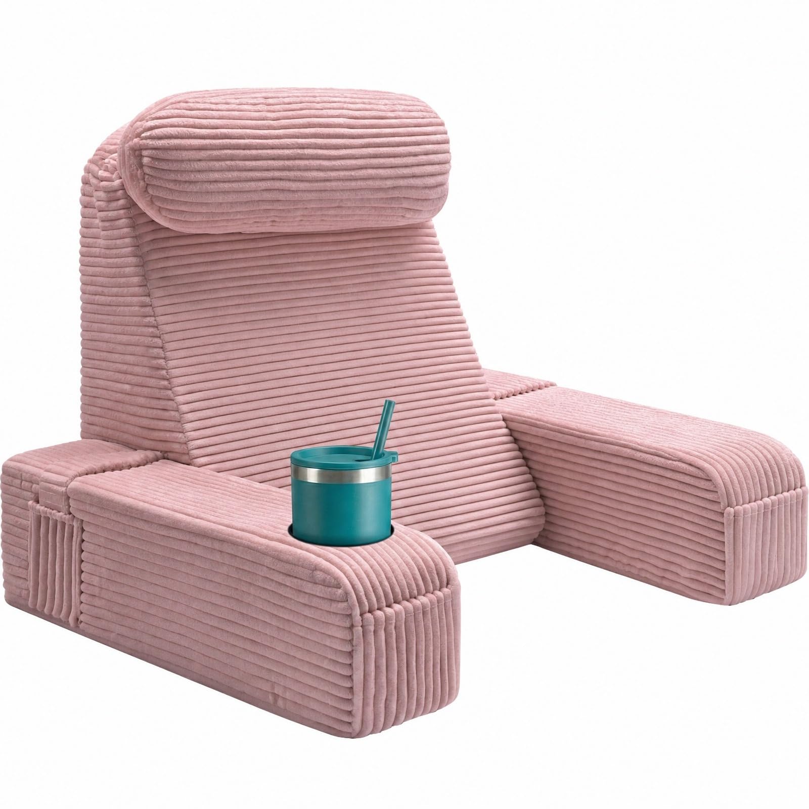 AS AWESLING Reading Pillow for Adults, Back Pillow for Bed Sitting Up, Backrest Cushion for Sitting in Bed, Detachable Arms with Built-in Cup & Phone Caddy (DUSTY PINK-CORDUROY, 21 INCH)