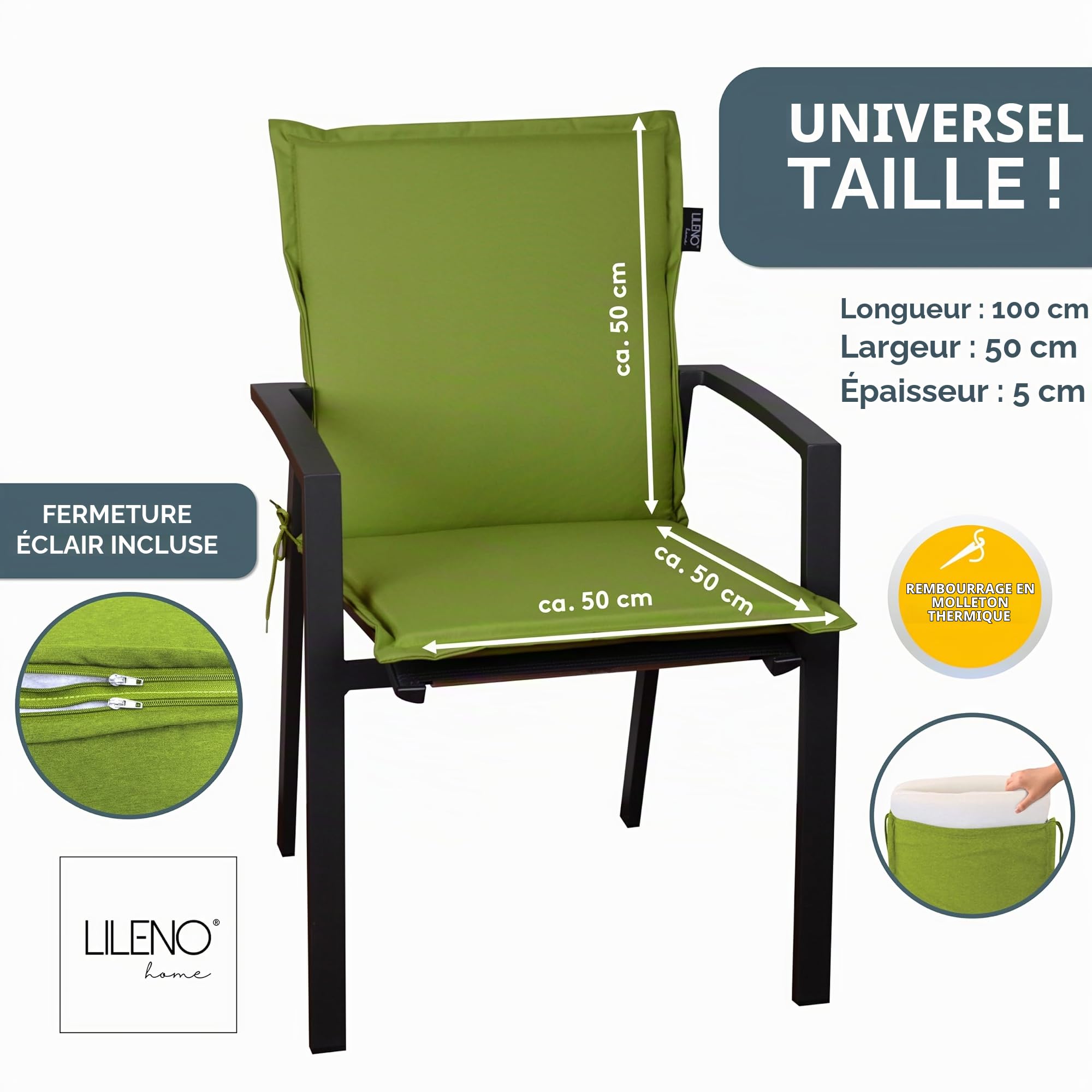 LILENO HOME MIA Lot de 4 coussins pour chaise de jardin à dossier bas, vert pomme, confortables comme coussins d'assise pour meubles de jardin, coussins de chaise pour chaises de jardin et chaises
